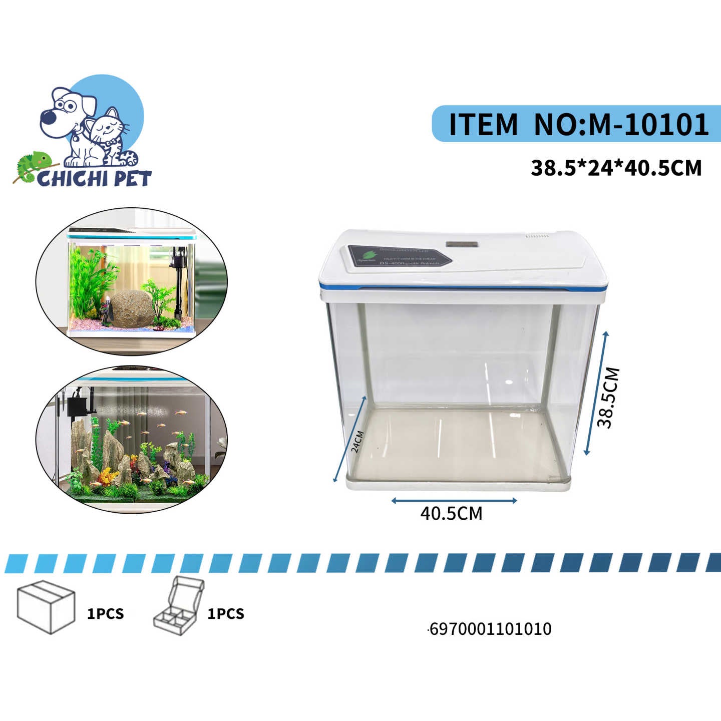 Descubre la forma más sencilla y elegante de introducir la belleza de la vida acuática en tu hogar u oficina con el Acuario Compacto de Sobremesa HC-D400 de CHI CHI PET. Este acuario "todo en uno" está diseñado para ofrecer una experiencia completa y sin complicaciones, ideal para principiantes o para aquellos que buscan una solución práctica y estéticamente agradable.
Con unas dimensiones perfectas de 40.5 cm de largo, 24 cm de ancho y 38.5 cm de alto, este acuario ofrece un volumen adecuado para pequeños