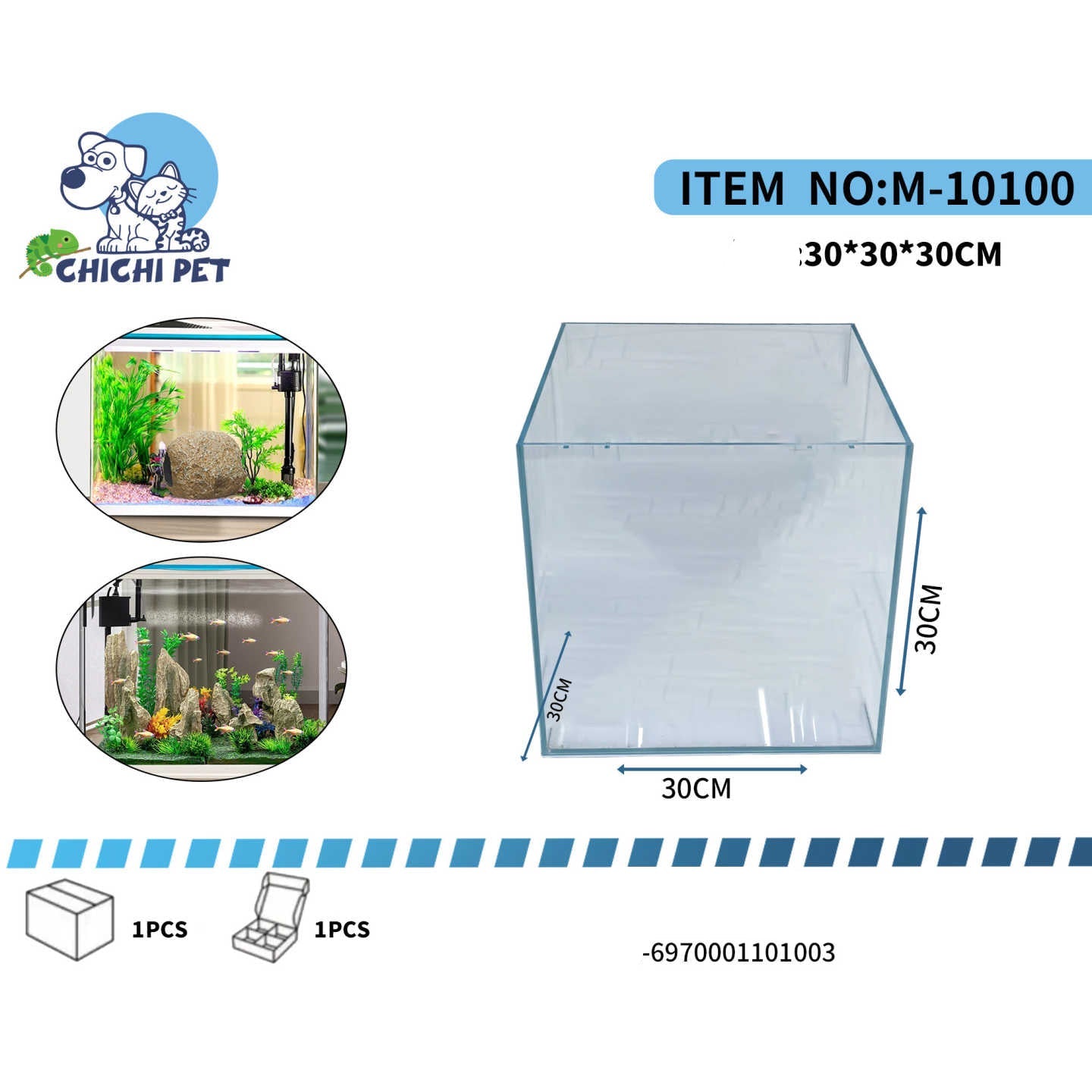 Transforma cualquier espacio con la elegancia y modernidad del Acuario Cubo de Cristal TG-109 de CHI CHI PET. Este acuario de diseño contemporáneo es la pieza central perfecta para hogares u oficinas, ofreciendo una vista tridimensional única de un vibrante mundo acuático.
Con unas medidas de 30 cm de largo, 30 cm de ancho y 30 cm de alto, este formato cubo maximiza la superficie de visualización desde múltiples ángulos, creando un impacto visual impresionante a pesar de su tamaño compacto. Es ideal para c