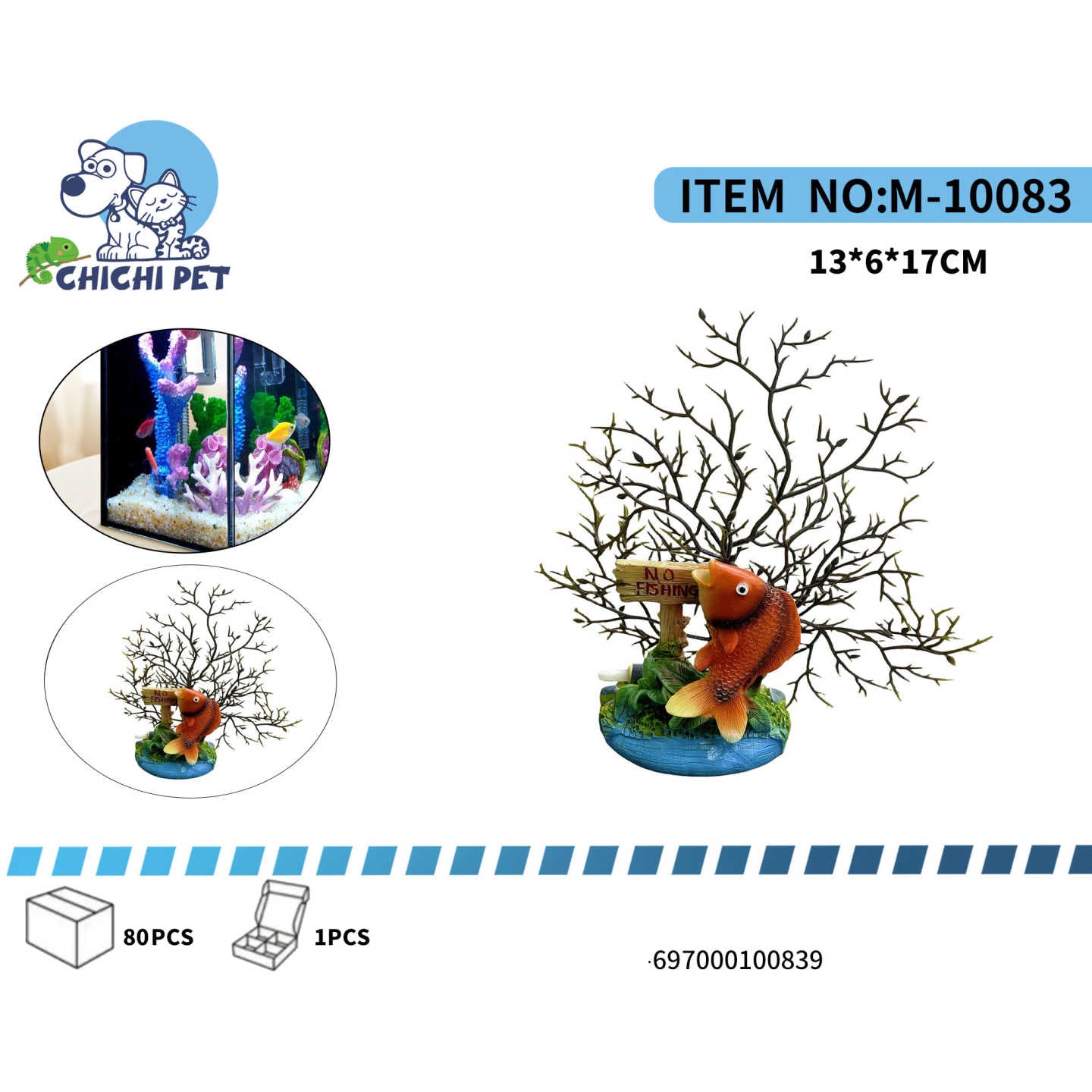 Dale un toque divertido y original a tu acuario con este simpático adorno. Cuenta con un pez decorativo junto a una frondosa planta simulando algas y una pequeña señal con el mensaje "No Fishing" (No Pescar), creando una escena única en tu pecera.