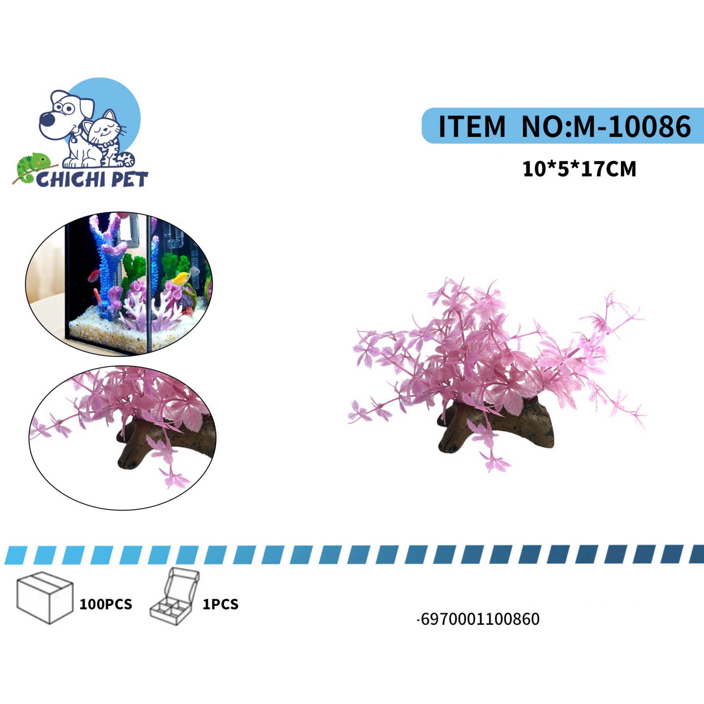 Aporta un toque de delicadeza y color a tu acuario con este encantador adorno decorativo. Combina una hermosa planta artificial en tonos rosas claros que simula coral o algas, emergiendo de una base que imita un tronco o roca natural, creando una escena serena en tu pecera.