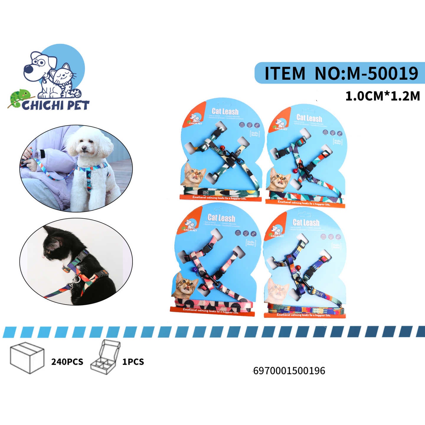 Pasea a tu gato o perro pequeño con estilo y seguridad con el arnés y correa Chichi Pet M-50019. Este conjunto presenta un vibrante estampado que combina funcionalidad con un diseño moderno, ideal para que tu mascota luzca a la moda durante sus salidas.