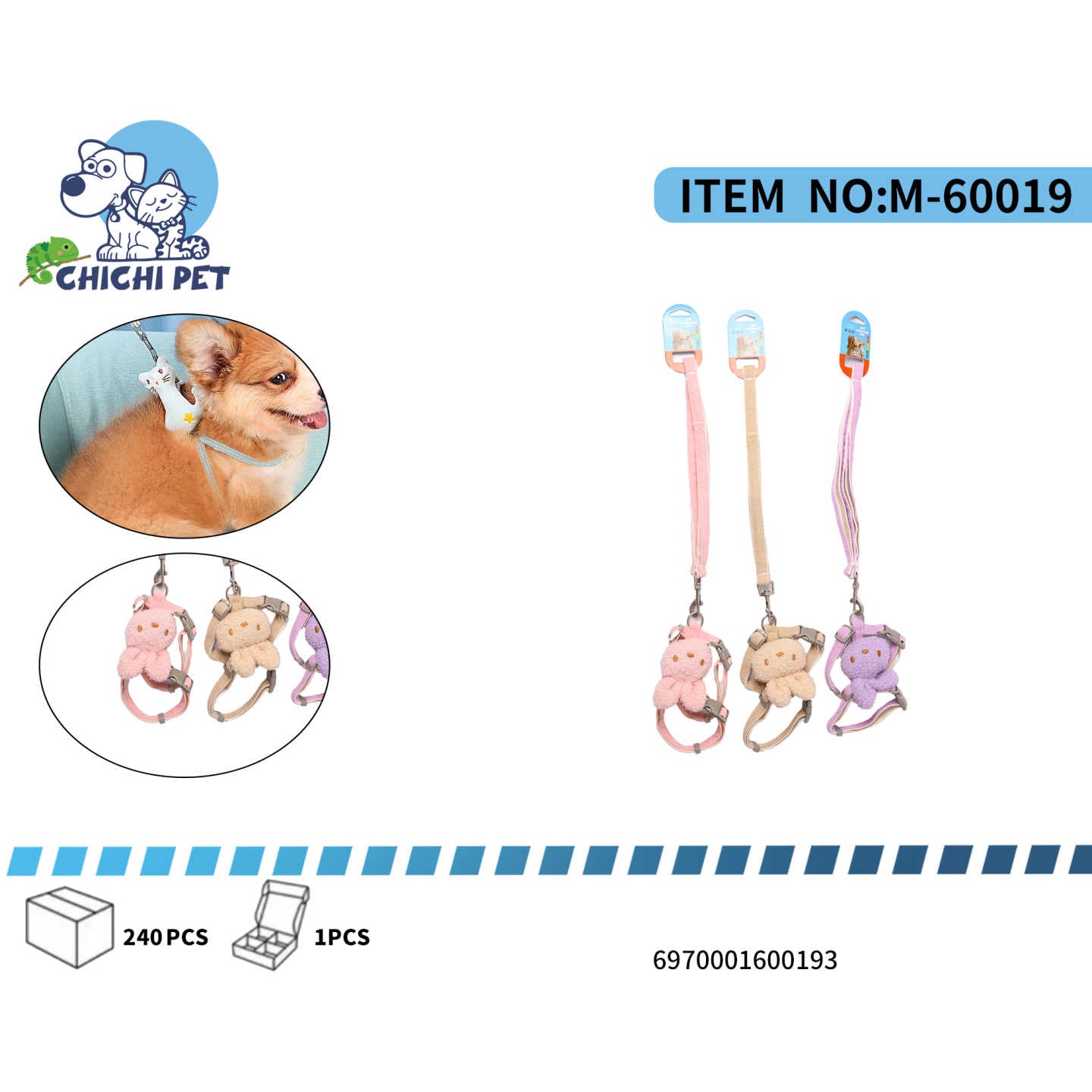 Sal a pasear con tu mascota con estilo y ternura usando este adorable arnes y correa Chichi Pet. Diseñado para perros de razas pequeñas y gatos, este set se destaca por su encantador diseño de osito en el arnes, que hara que tu compañero peludo sea el centro de atencion.