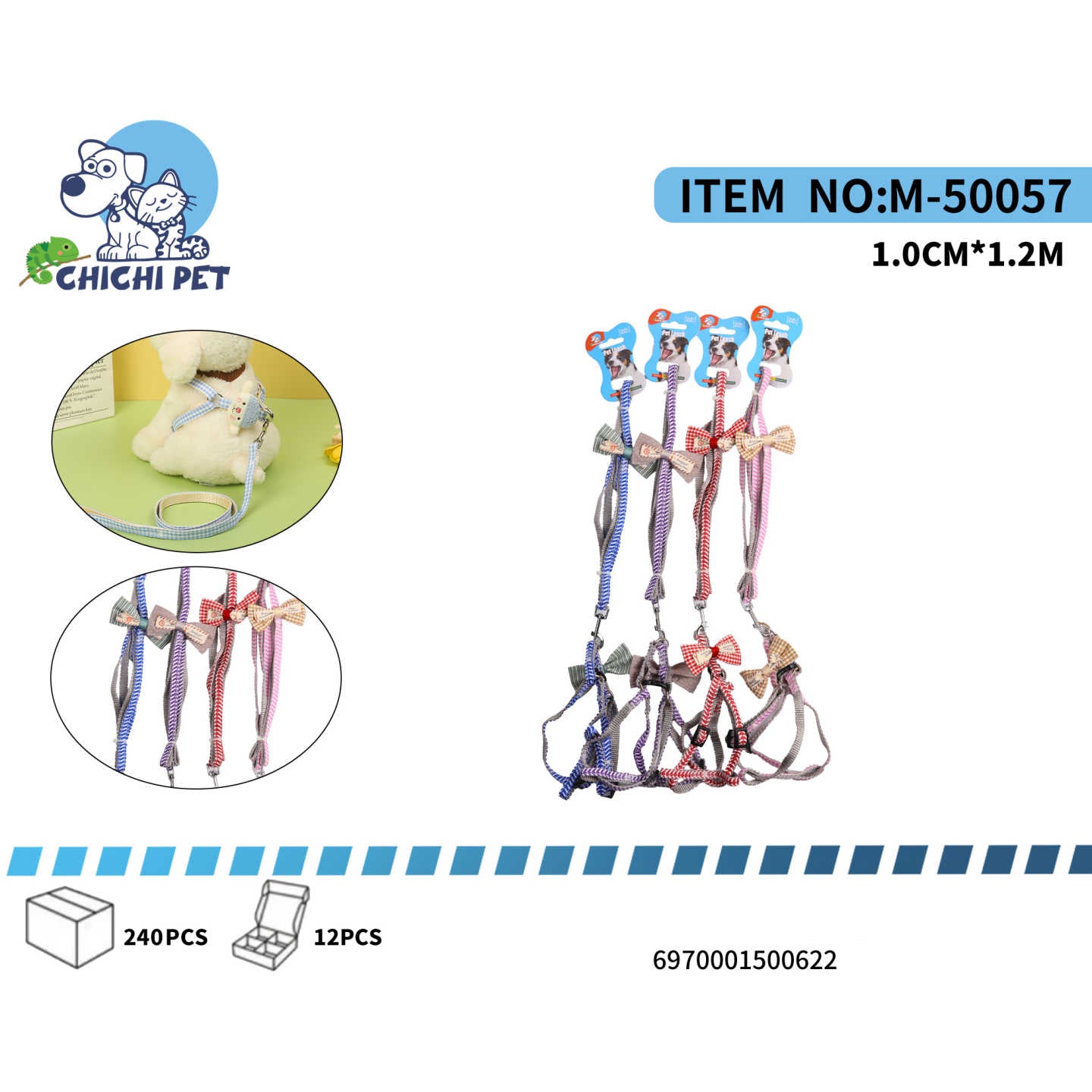 Pasea a tu mascota con un estilo adorable y seguro con el arnés y correa Chichi Pet M-50057. Este encantador conjunto, de inspiración coreana, presenta un diseño rayado y un bonito moño, perfecto para que tu perro o gato pequeño luzca a la moda durante sus salidas.
