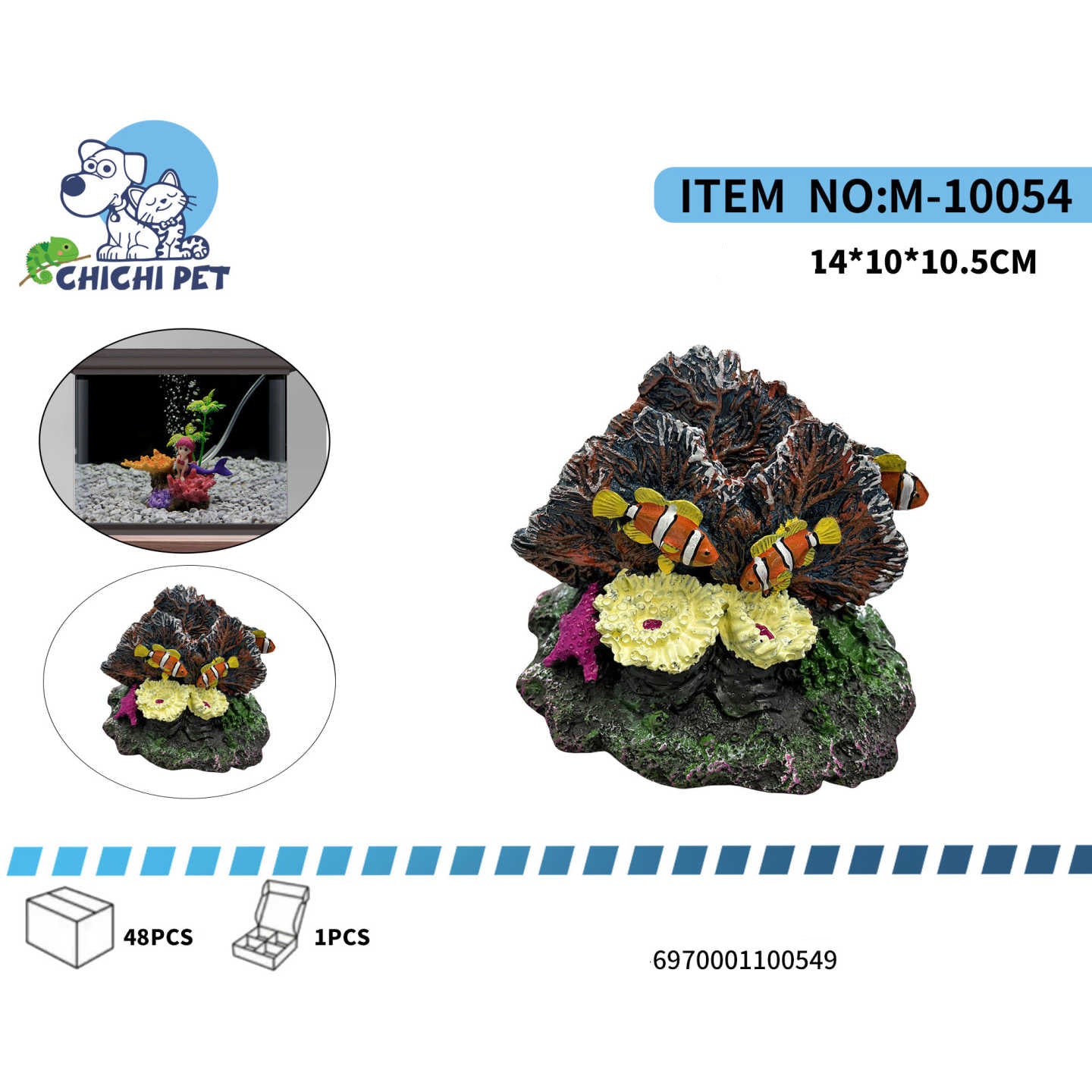 Sumérgete en la belleza del océano con el impresionante adorno de arrecife de coral con peces payaso ChiChi Pet, modelo M-10054. Este detallado accesorio captura la esencia de un vibrante ecosistema marino, presentando un frondoso coral oscuro, anémonas de color crema, un toque de coral rosa y tres realistas peces payaso.