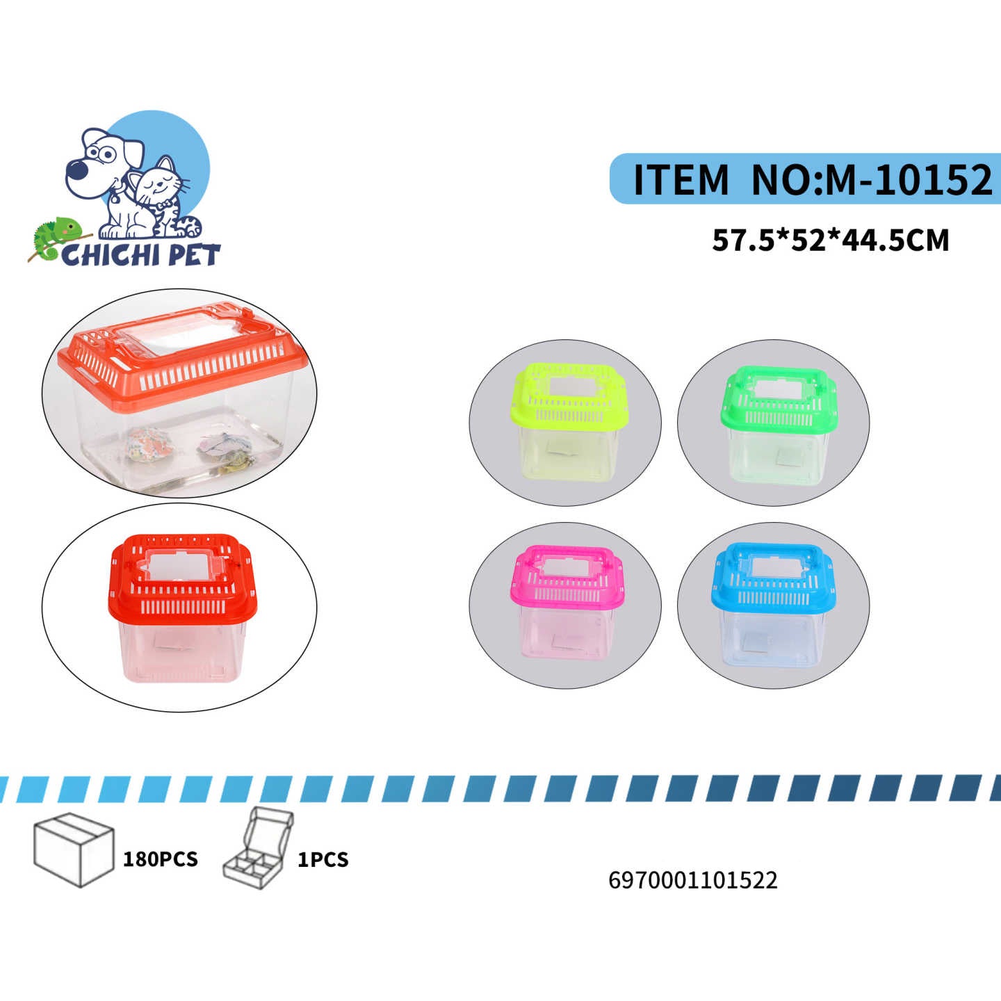 La caja plástica modelo M-10152 de CHICHI PET es el hogar ideal para tortugas, reptiles pequeños o peces. Fabricada con material plástico resistente y transparente, permite una excelente visibilidad y fácil limpieza.
Su tapa ventilada con asa superior asegura una buena circulación de aire y un transporte cómodo. Disponible en colores surtidos (rojo, verde, azul y rosado) para combinar con tu estilo.
Características:
Tamaño: 57.5 × 52 × 44.5 cm
Material: plástico duradero y seguro
Colores: surtidos (rojo