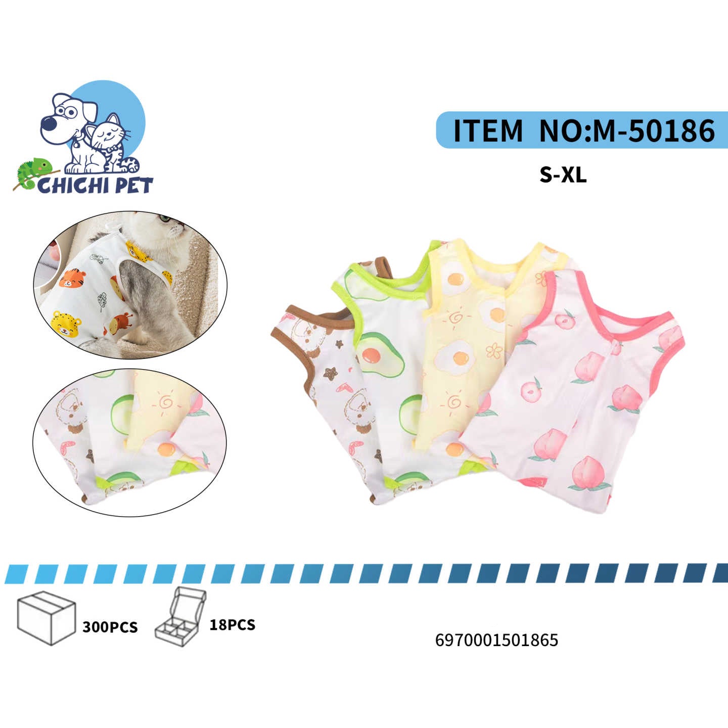 Ofrece a tu mascota la máxima comodidad y protección durante su recuperación post-operatoria o de lesiones con las camisetas de recuperación Chichi Pet M-50186. Con diseños adorables y variados, estas camisetas sustituyen los incómodos conos isabelinos, permitiendo a tu mascota moverse y descansar con mayor libertad.