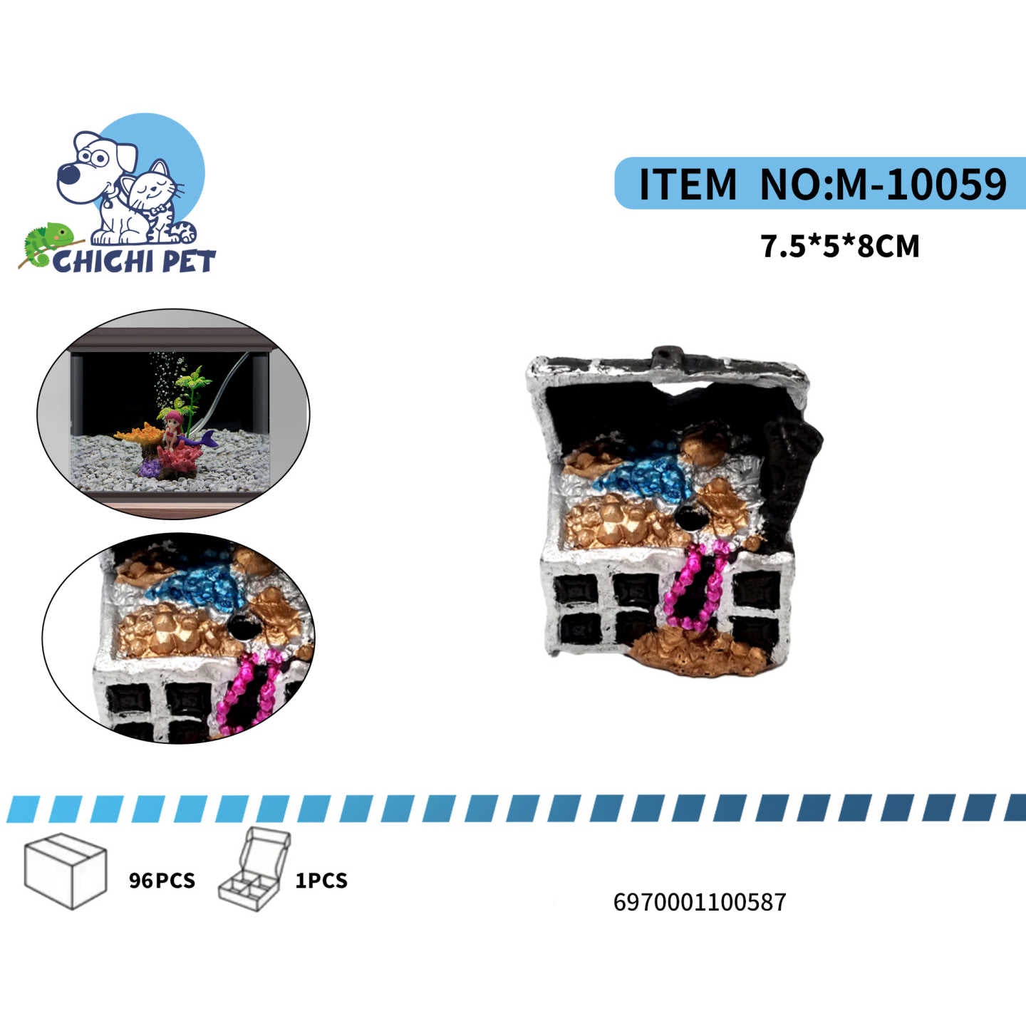 Añade un toque de intriga y brillo a tu acuario con el adorno de cofre de tesoro roto con gemas ChiChi Pet, modelo M-10059. Este singular accesorio presenta un cofre de tesoro antiguo, con su tapa rota, revelando un interior lleno de monedas doradas y gemas de colores azul y rosa, simulando un hallazgo submarino.