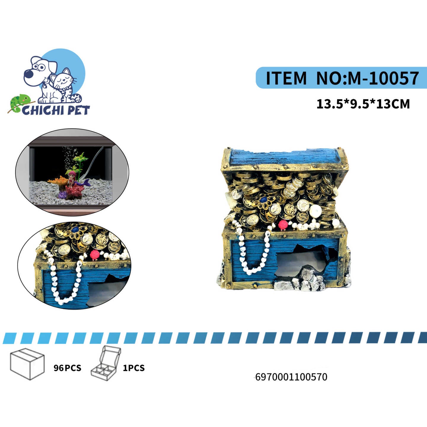 Desentierra la aventura en tu acuario con el adorno de cofre del tesoro hundido con perlas ChiChi Pet, modelo M-10057. Este fascinante accesorio representa un antiguo cofre de madera azul, rebosante de monedas de oro y un delicado collar de perlas, creando una escena de tesoro perdido en el fondo del mar.
Fabricado con resina de alta calidad y no tóxica, este adorno es completamente seguro para tus peces y el ecosistema acuático, sin riesgo de alterar la calidad del agua. Sus detalles intrincados y su apari