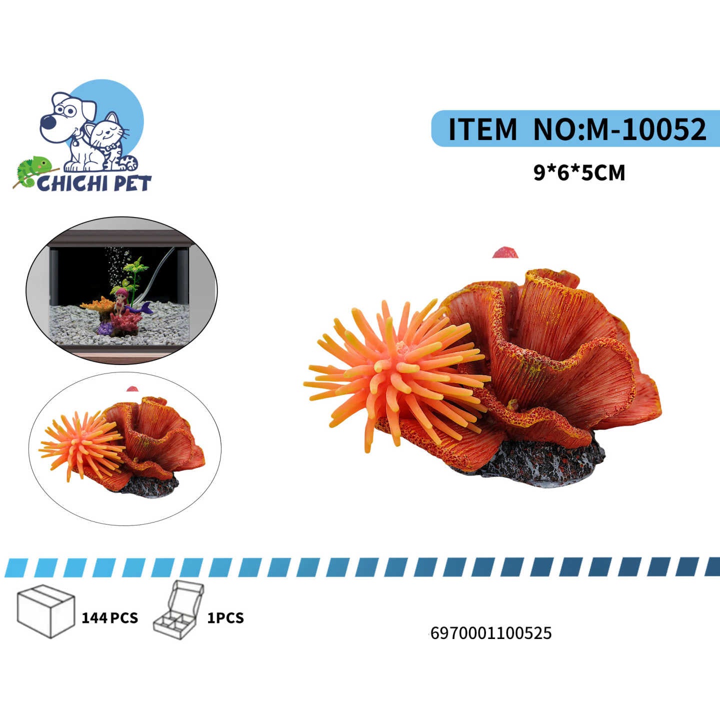 Infunde tu acuario con los cálidos y vibrantes tonos del adorno de coral rojo y anémona naranja ChiChi Pet, modelo M-10052. Este impactante accesorio presenta un exuberante coral rojo en forma de abanico combinado con una anémona naranja de aspecto esponjoso, todo sobre una base discreta que simula el fondo marino.