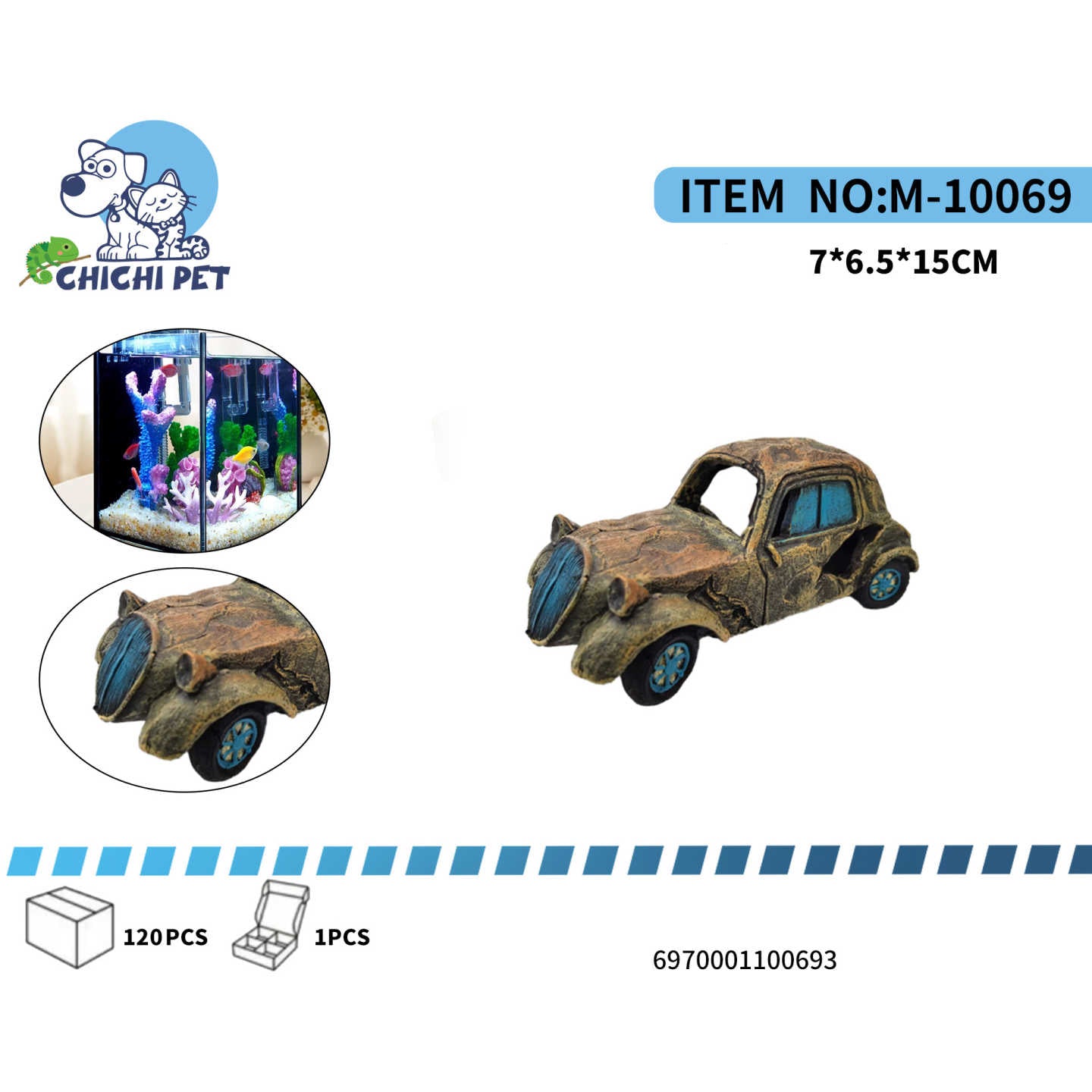 La decoración de auto antiguo CHICHI PET M-10069 le da un toque original y atractivo a tu acuario. Su diseño envejecido imita un auto sumergido, creando un ambiente natural y lleno de personalidad dentro del tanque.