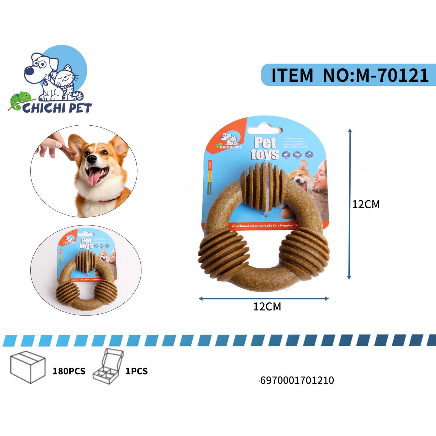 Ayuda a tu perro a mantener una buena salud bucal y a aliviar el estres con este juguete mordedor en forma de anillo dental de Chichi Pet. Diseñado especialmente para perros, este juguete resistente es ideal para morder y masticar, contribuyendo a limpiar sus dientes y masajear sus encias.