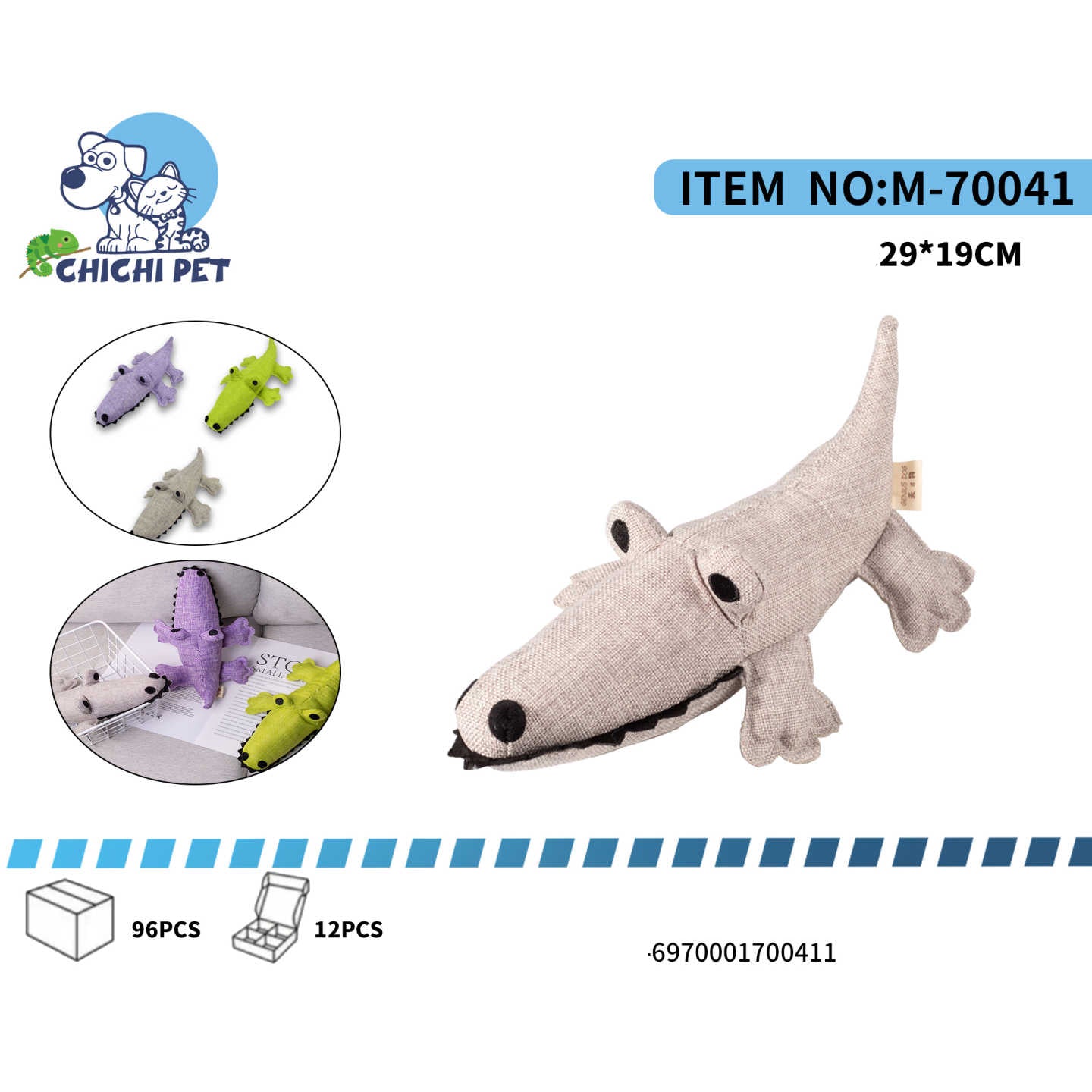 Añade diversión y estimulación a la rutina de juego de tu perro con el juguete de peluche de cocodrilo Chichi Pet M-70041. Este juguete, con su diseño realista y textura de lona, es perfecto para perros que disfrutan de morder, sacudir y jugar a la búsqueda.