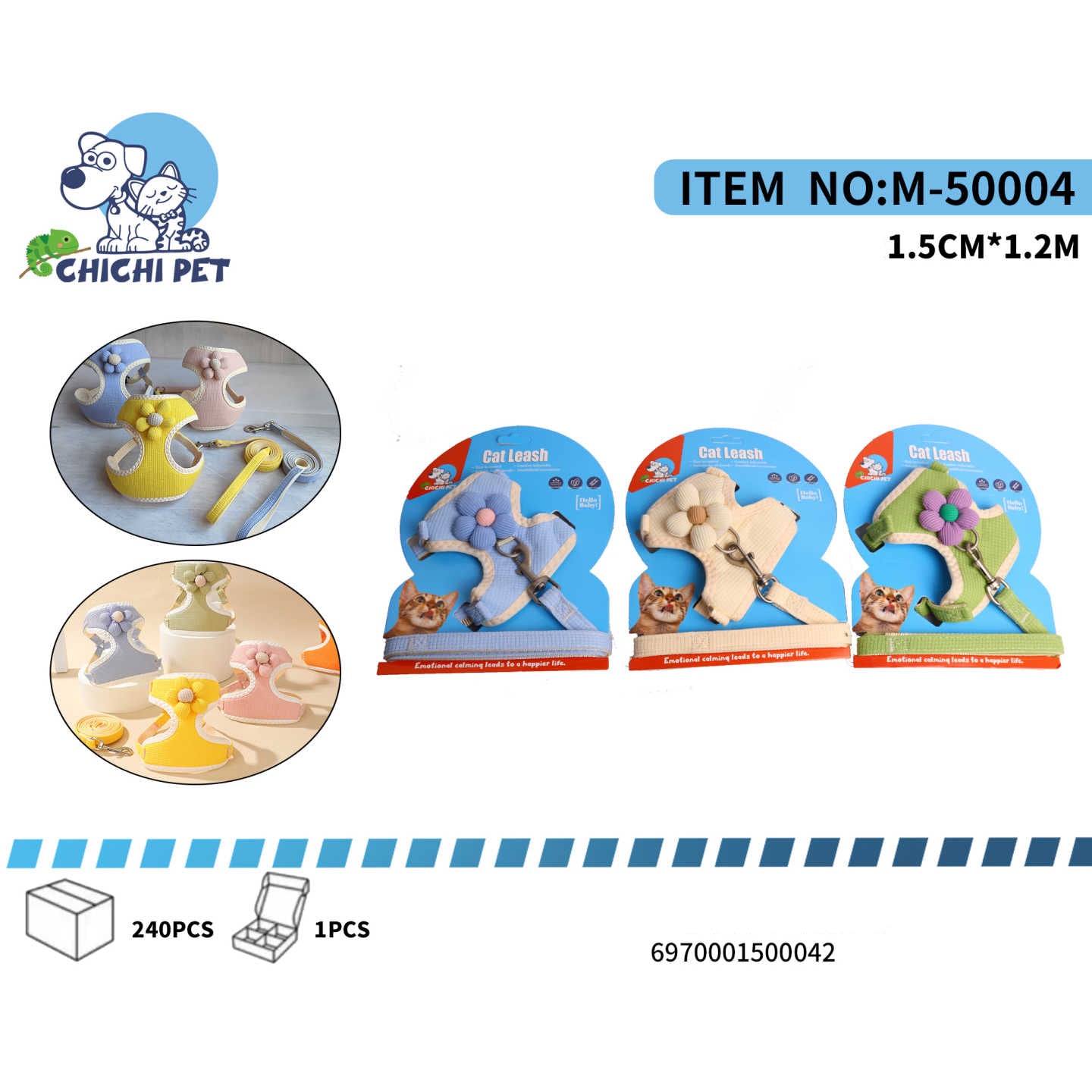 CHICHI PET M-50004 Flower Knot Mesh Cat/Small Dog Harness and Leash Set - 1.5CM Width, 1.2M Length (Large Flower)