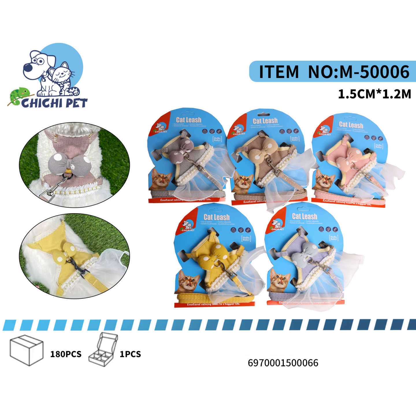 CHICHI PET M-50006 Cat Dress Harness and Leash Set - 1.5CM Width, 1.2M Length (Polka Dot with Skirt)