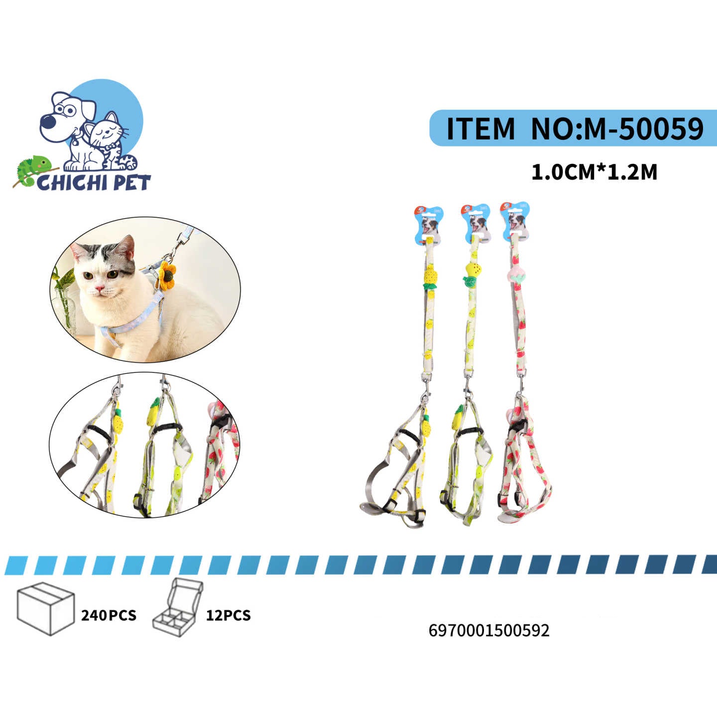 CHICHI PET M-50059 Fruit Print H-Harness and Leash Set with Decorative Charm - 1.0CM Width, 1.2M Length