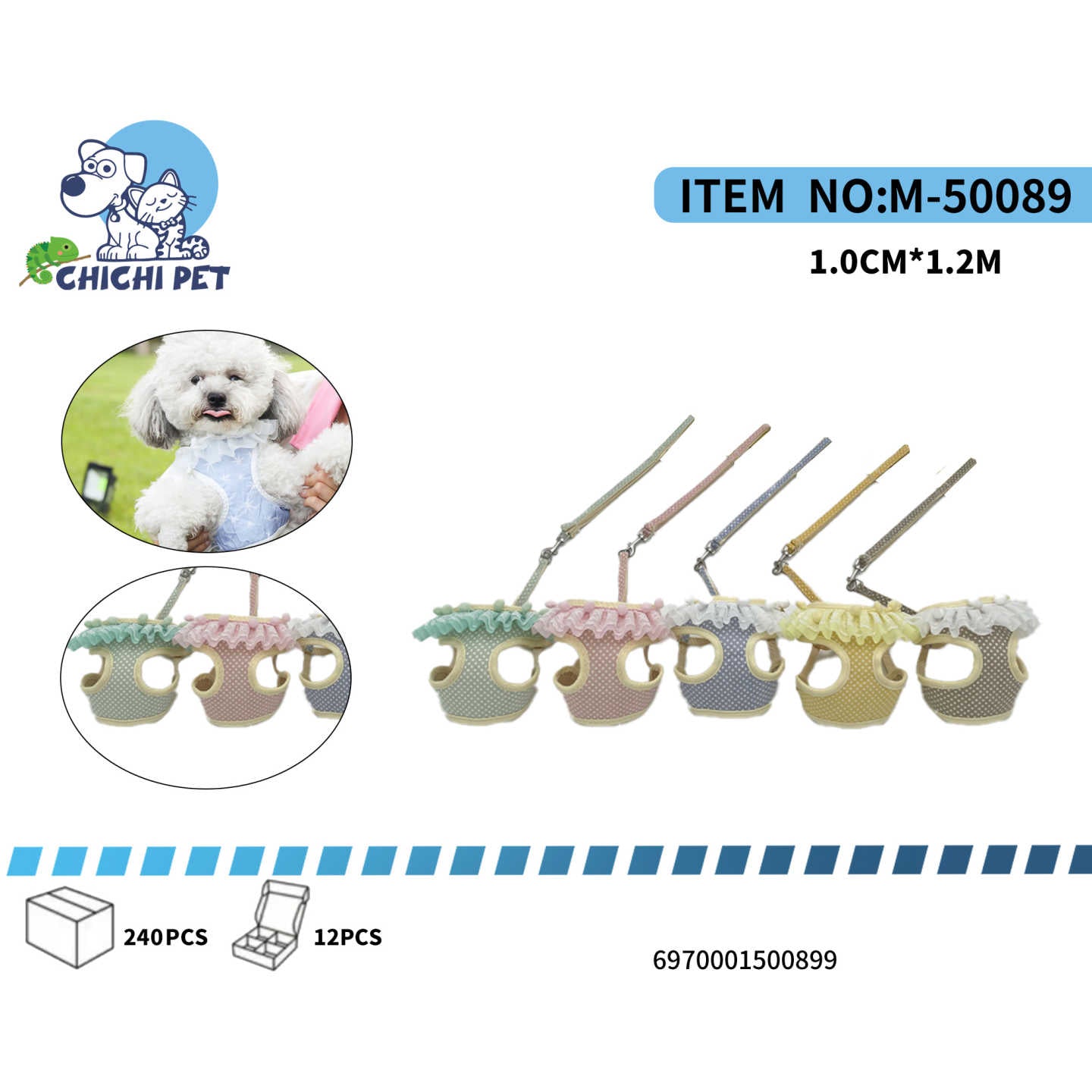 CHICHI PET M-50089 Polka Dot Mesh Pet Harness and Leash Set - 1.0CM Width, 1.2M Length (Ruffled Design, X-Small)