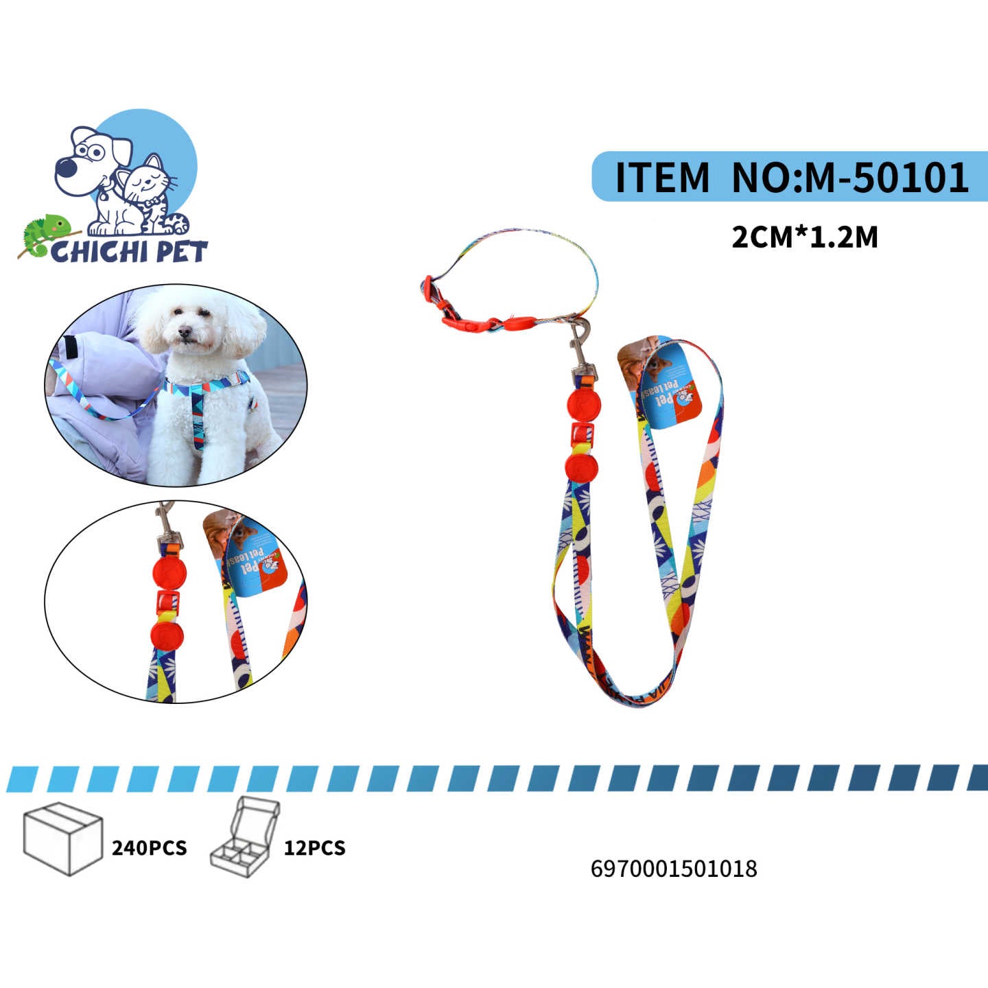 CHICHI PET M-50101 Colorful Print Pet Harness and Leash Set with Round Beads - 2.0CM Width, 1.2M Length (Medium Size)