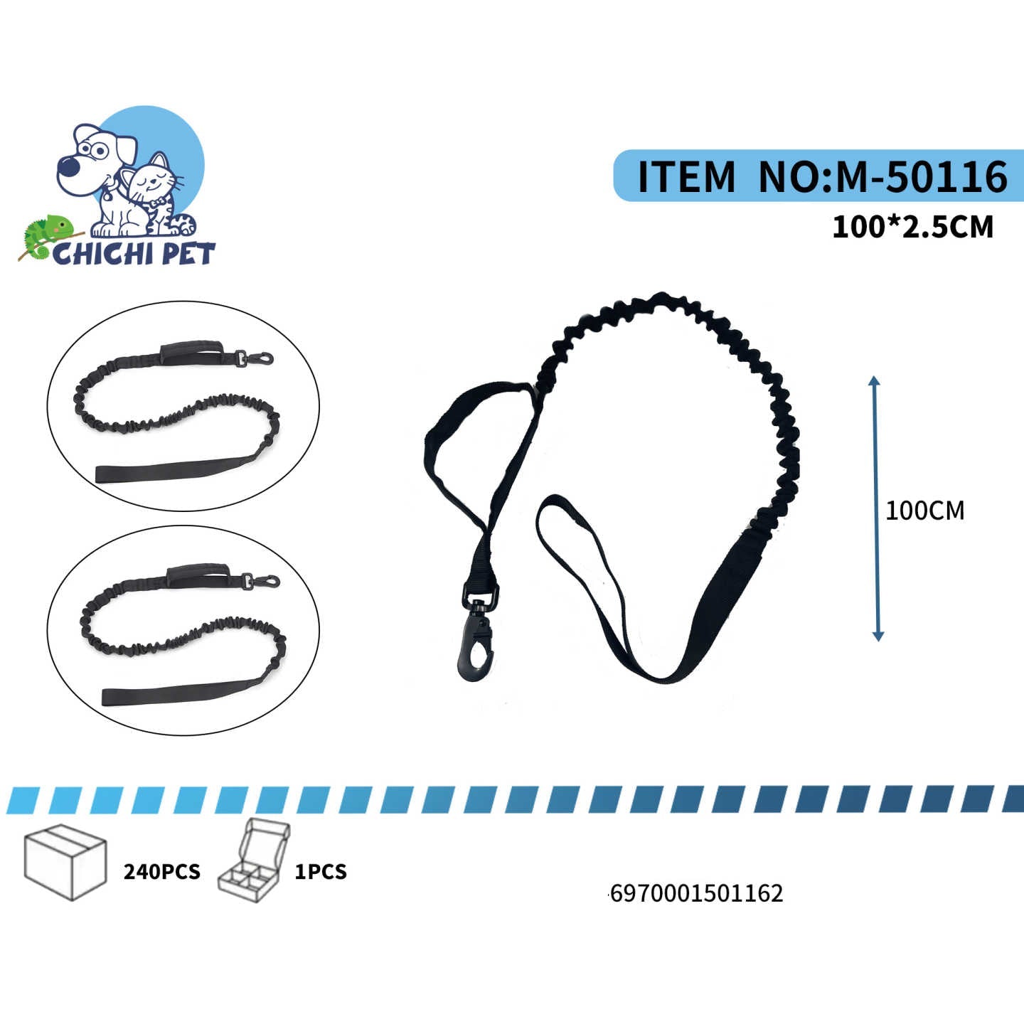 Dog leash with measurement details and CHICHI PET branding on a white background