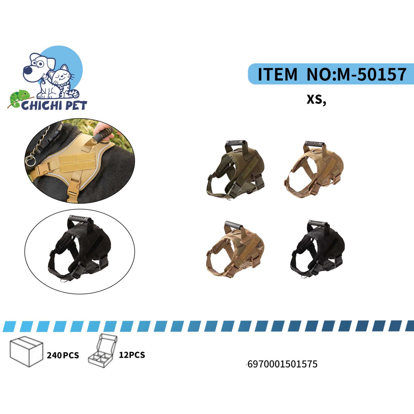 CHICHI PET M-50157 Tactical Dog Harness - XS Size, Durable Nylon Material (No Leash Included)