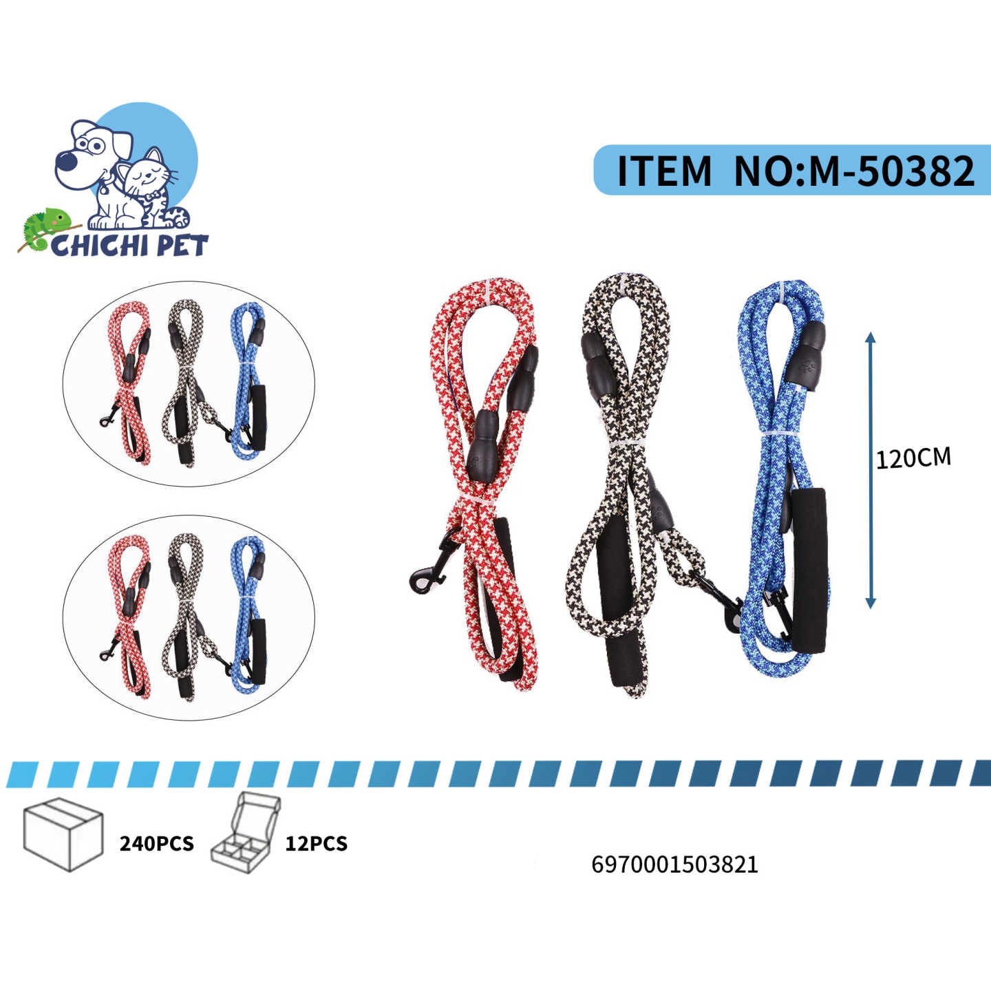 CHI CHI PET M-50382 Patterned Rope Dog Leash (0.8CM x 120CM) - Small Dog Round Cord with Soft Foam Handle