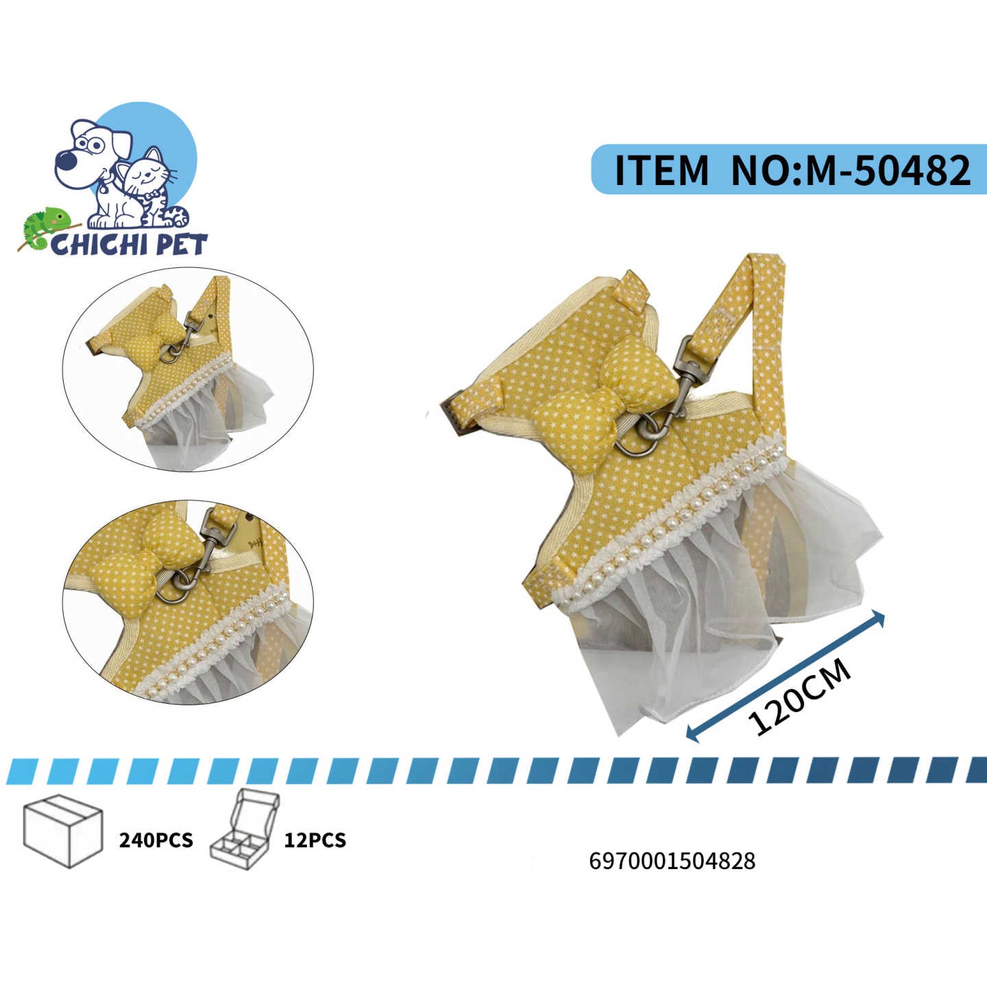 Yellow pet harness with star pattern and white lace trim, displayed on a white background with CHICHI PET branding.