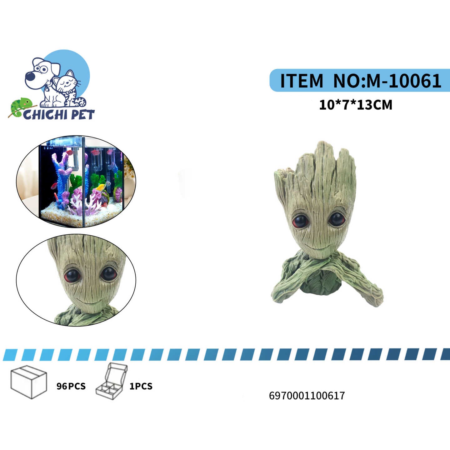 Dale un toque divertido y único a tu acuario o terrario con la maceta decorativa de Groot ChiChi Pet, modelo M-10061. Este adorable adorno presenta al carismático personaje de "Soy Groot" con una expresión amigable, diseñado con detalles realistas que simulan la textura de la madera.