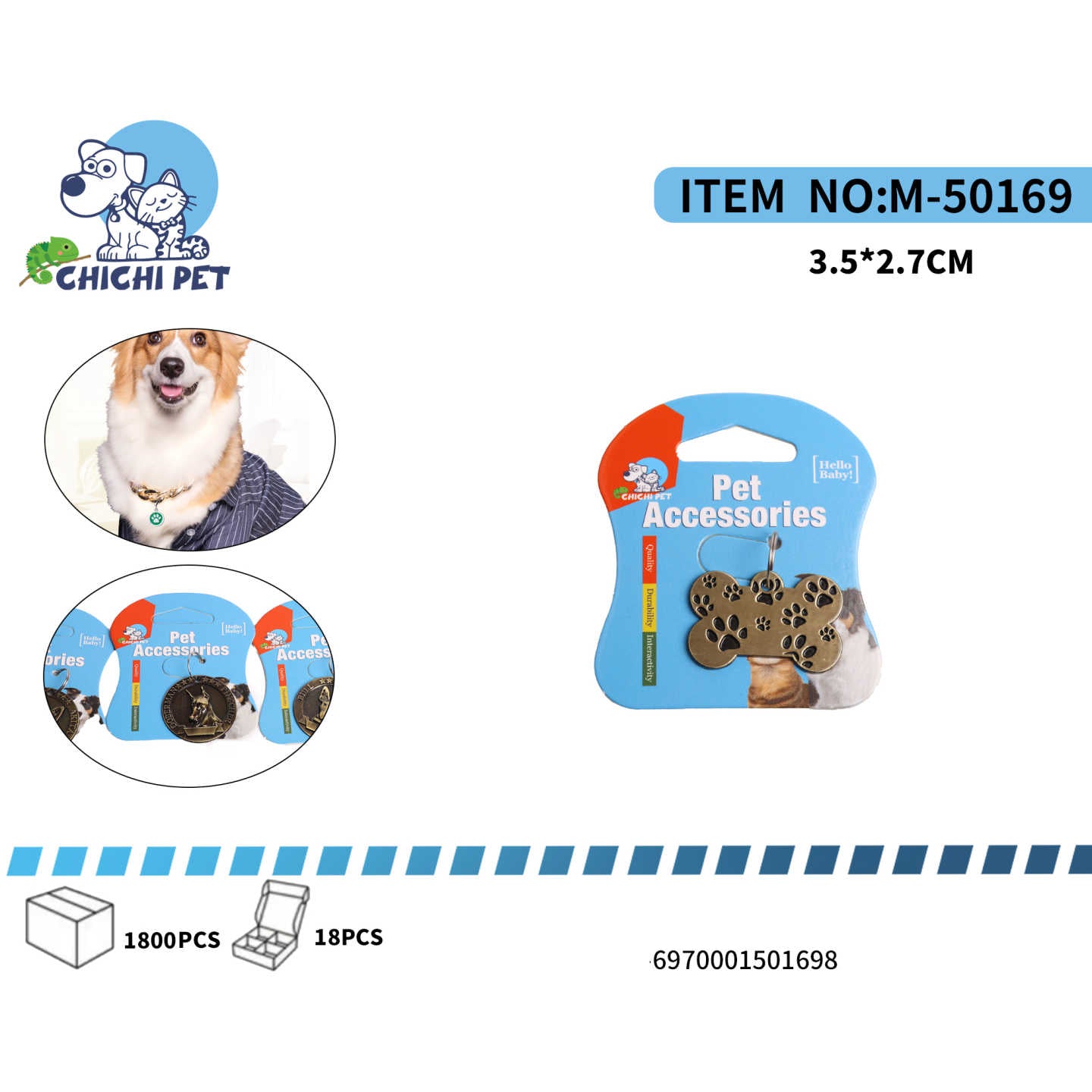 Dale a tu perro una identificacion divertida y practica con estas placas de Chichi Pet, con un encantador diseño en forma de hueso adornado con huellas. Son el accesorio perfecto para el collar de tu mascota, combinando estilo y la importancia de la seguridad.