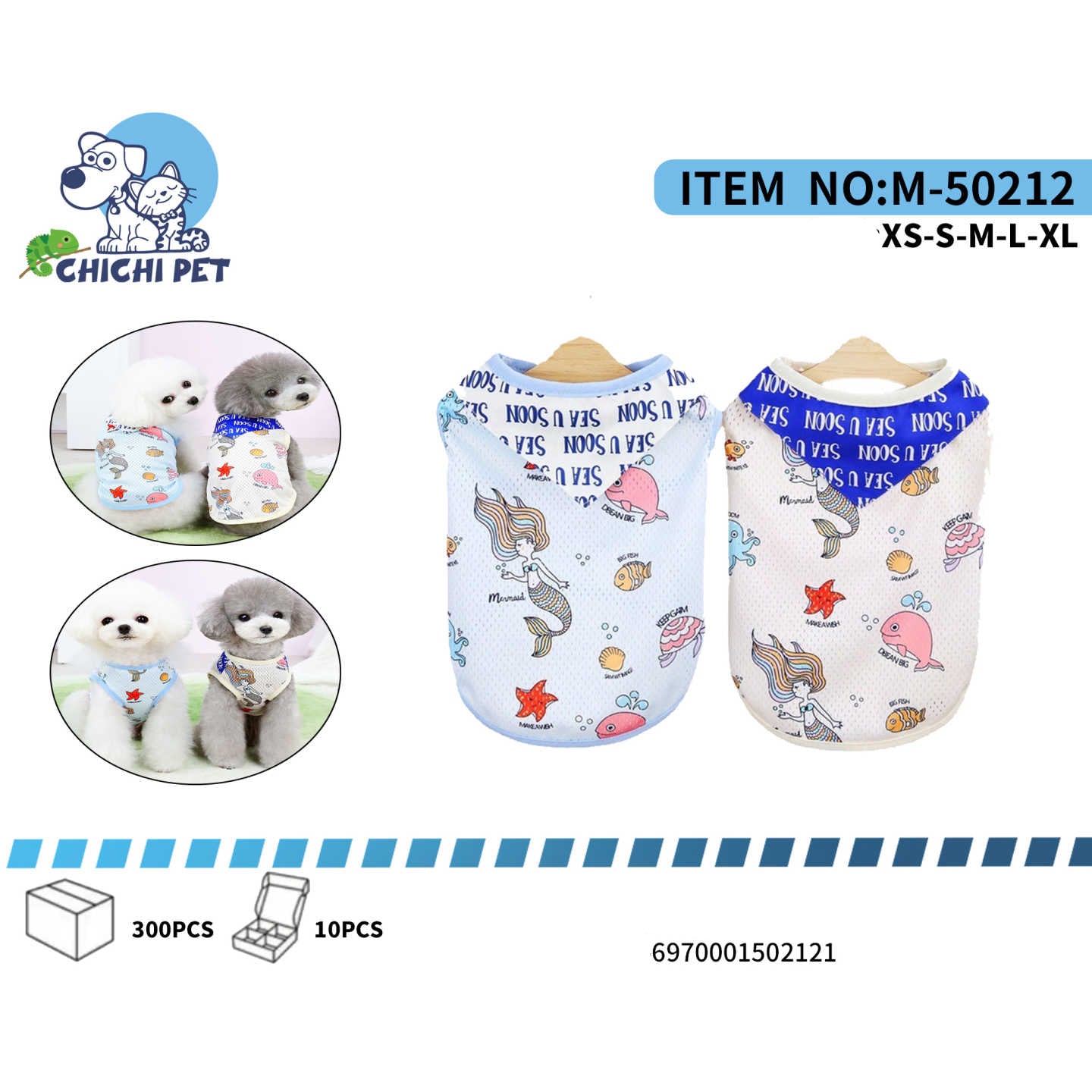 Mantén a tu perro fresco y con estilo durante el verano con la playera de malla transpirable Chichi Pet M-50212. Con un encantador diseño de sirenas y motivos marinos, esta camiseta es perfecta para que tu mascota disfrute de los días cálidos con comodidad y un toque de fantasía.