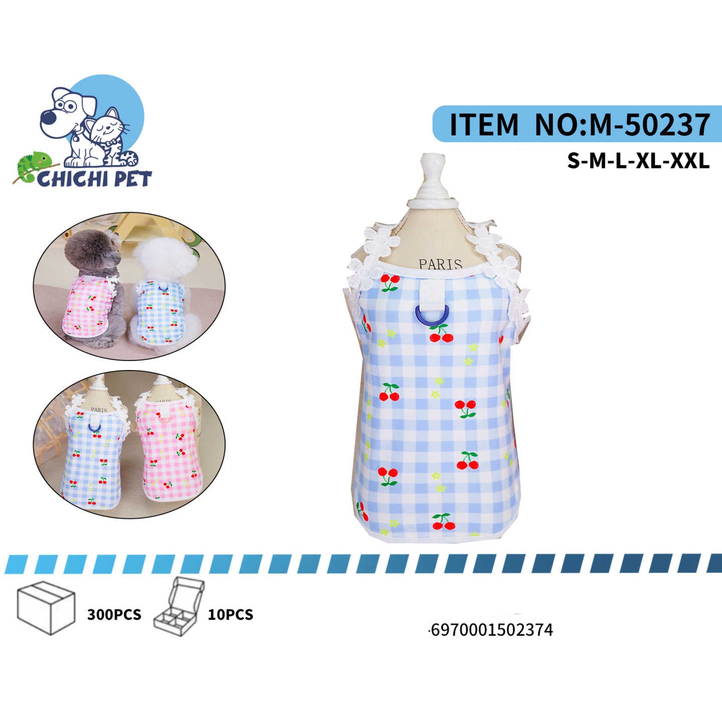 Viste a tu perrita o gatita con un estilo dulce y encantador con esta polera de Chichi Pet. Presenta un clásico estampado de cuadros vichy adornado con pequeñas cerezas y delicados detalles de encaje blanco en los hombros, creando un look irresistiblemente adorable.