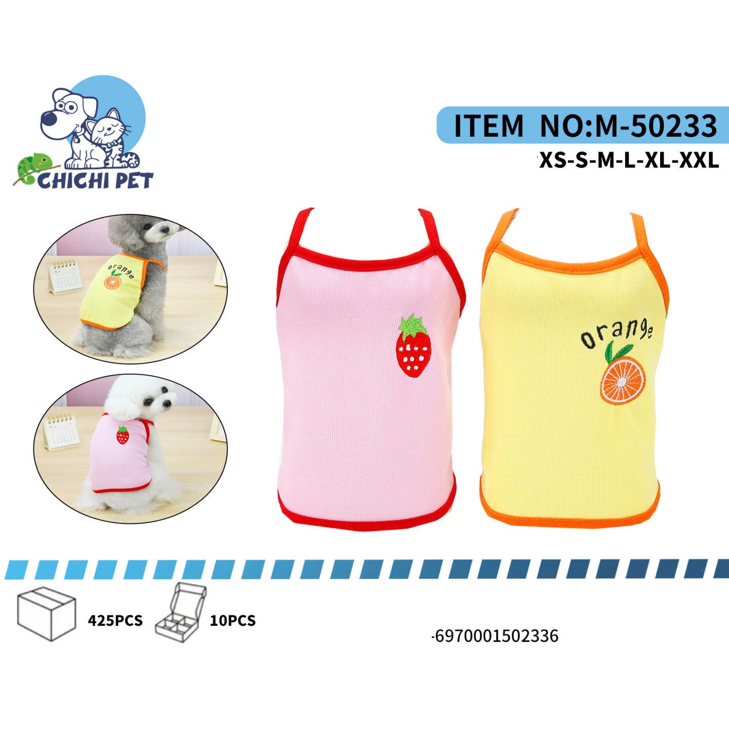Refresca el guardarropa de tu mascota con estas adorables poleras de Chichi Pet, perfectas para los días de calor. Presentan un vibrante diseño bordado de frutas: una fresa para la polera rosa y una rodaja de naranja para la polera amarilla, dándoles un toque divertido y veraniego.