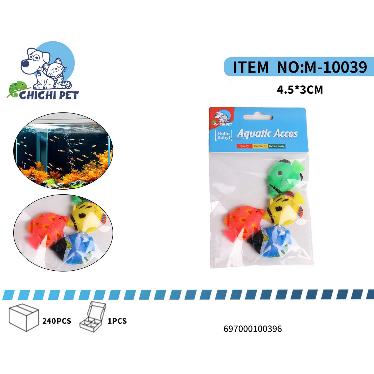 Anime su acuario con el colorido y vibrante Set de 4 Peces Decorativos Flotantes CHICHI PET, modelo M-10039 (PF01). Este paquete surtido de figuras de peces no solo añadirá un toque de alegría y movimiento a su entorno acuático, sino que también creará una escena submarina más dinámica y atractiva.
Cada pez decorativo, con dimensiones aproximadas de 4.5x3cm, presenta colores vivos y un diseño realista que imita la diversidad de especies marinas. Estos peces están especialmente diseñados para flotar y movers