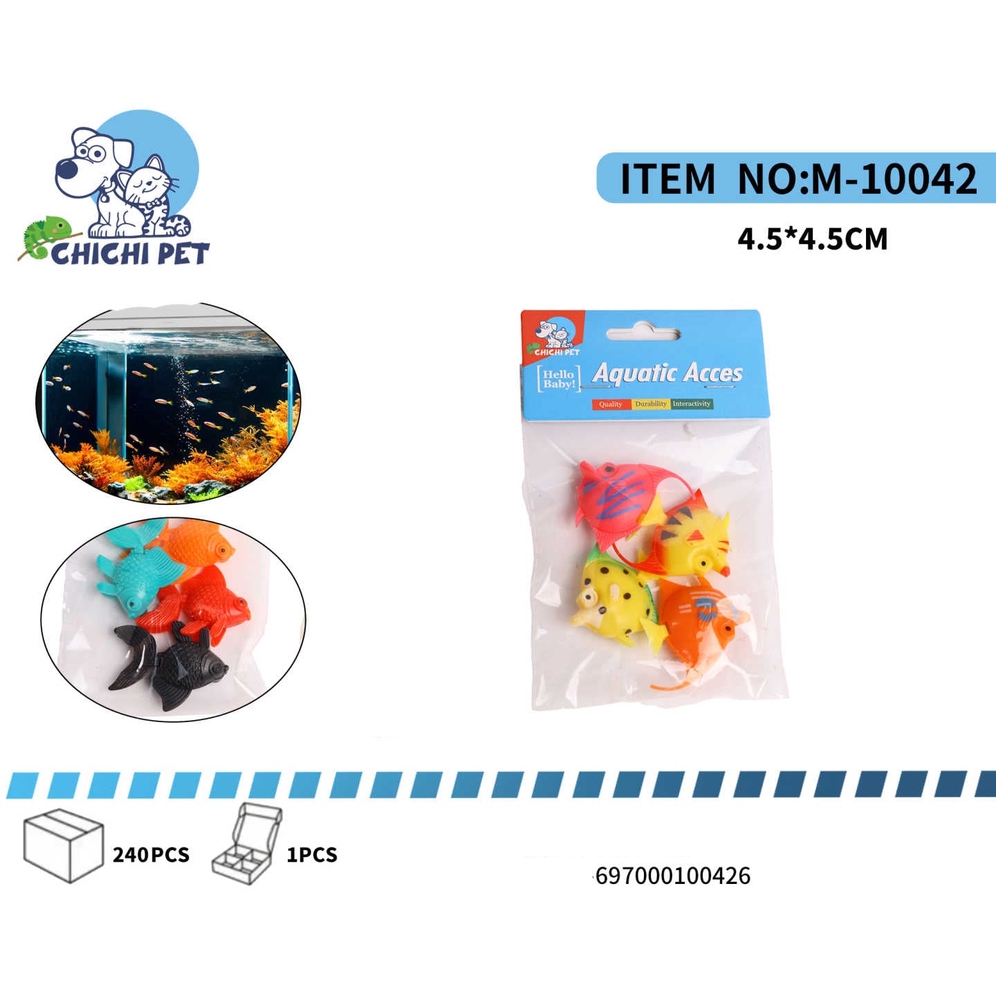 Transforme su acuario en un colorido paraíso tropical con el Set de 4 Peces Tropicales Decorativos Flotantes CHICHI PET, modelo M-10042 (PF09). Este paquete surtido de figuras de peces vibrantes no solo añadirá un estallido de color y movimiento a su entorno acuático, sino que también creará una escena submarina cautivadora y llena de vida.
Cada pez decorativo, con dimensiones aproximadas de 4.5x4.5cm, presenta diseños variados y colores intensos (como rojo, azul turquesa, amarillo y naranja) que imitan la