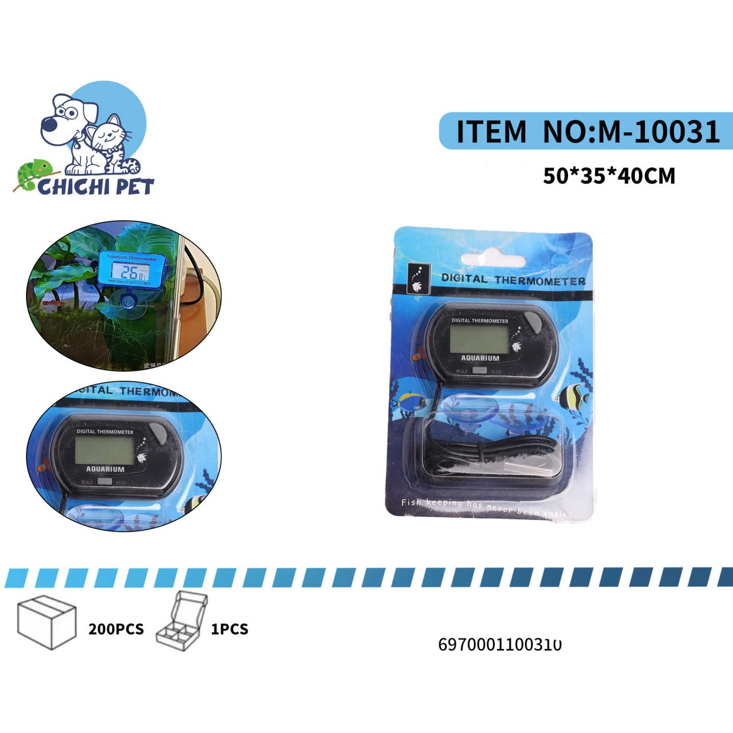 Mantenga un control preciso y constante de la temperatura de su acuario con el Termómetro Digital Sumergible CHICHI PET, modelo M-10031 (WM-TH109). La estabilidad térmica es fundamental para la salud y el bienestar de sus peces y plantas acuáticas, y este termómetro le ofrece la exactitud necesaria para garantizar un ambiente óptimo.
Diseñado para ser sumergido, este termómetro cuenta con una pantalla LCD clara y fácil de leer que muestra la temperatura en tiempo real. Sus dimensiones compactas de 50x35x40m