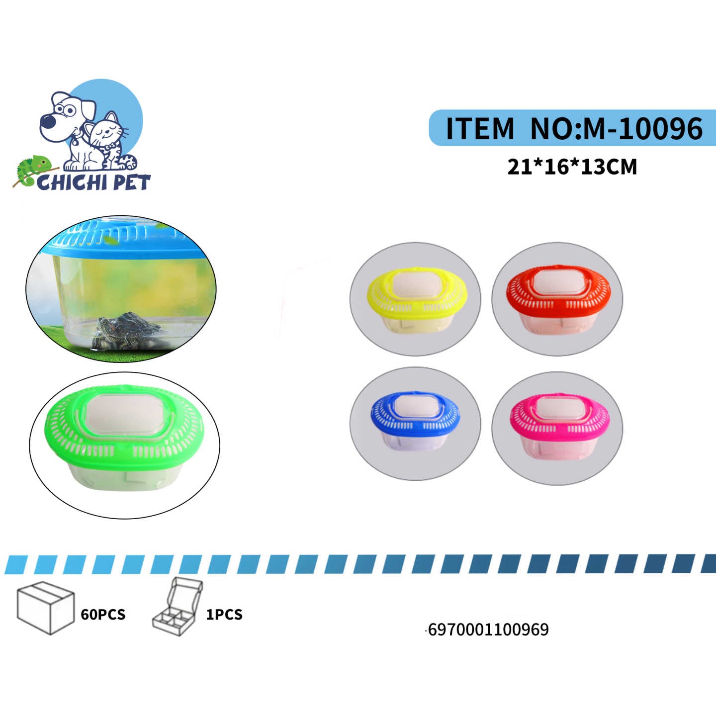 Ofrece a tu tortuga un hogar práctico y cómodo con esta tortuguera plástica transparente, ideal para observar a tu mascota. Su diseño cuenta con una tapa ventilada en atractivos colores (amarillo, rojo, azul y rosa, sujetos a disponibilidad), perfecta para transportes cortos o como hábitat provisional.