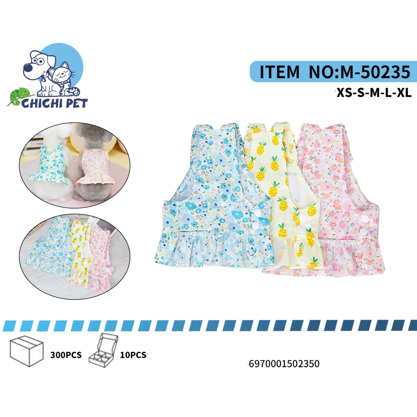 Prepara a tu perrita o gatita para el buen tiempo con estos encantadores vestidos de Chichi Pet. Con una variedad de estampados alegres, desde delicadas flores hasta divertidas piñas, y un coqueto volante en el bajo, tu mascota lucirá adorable y a la moda.