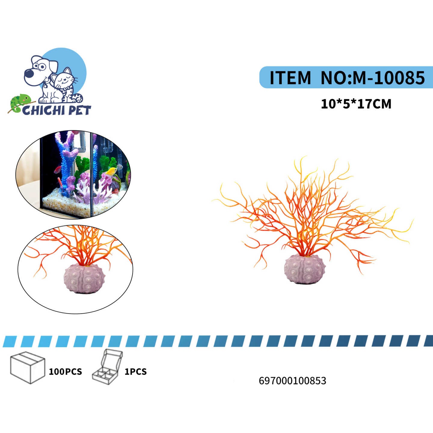 Añade un toque exótico y lleno de color a tu acuario con este llamativo adorno. Presenta una vibrante planta artificial tipo coral en tonos naranjas y amarillos, emergiendo de una base que simula la textura de un erizo de mar, creando un punto focal único en tu pecera.
