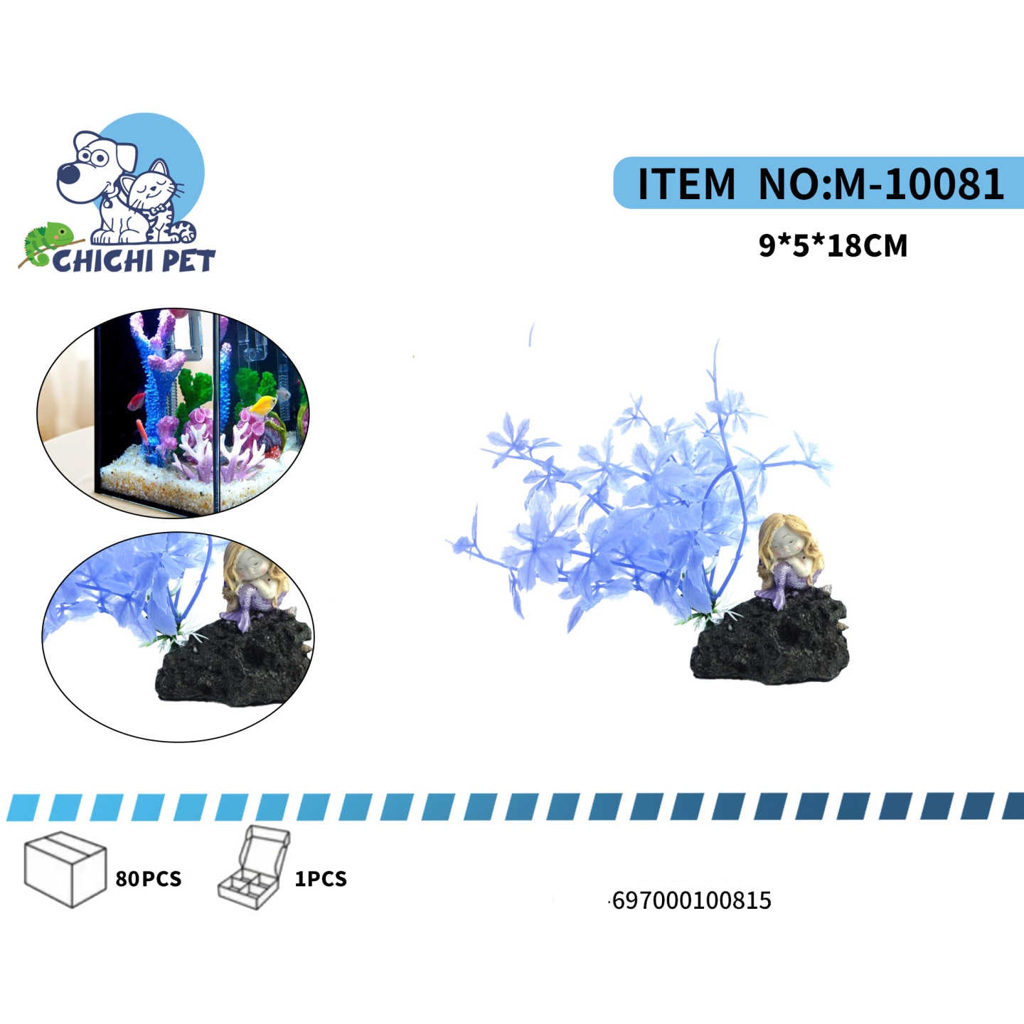 Dale un toque mágico a tu acuario con este hermoso adorno decorativo. Incluye una encantadora sirenita sentada sobre una roca y una vibrante planta artificial de color azul que imita el coral, ideal para crear un ambiente submarino cautivador.