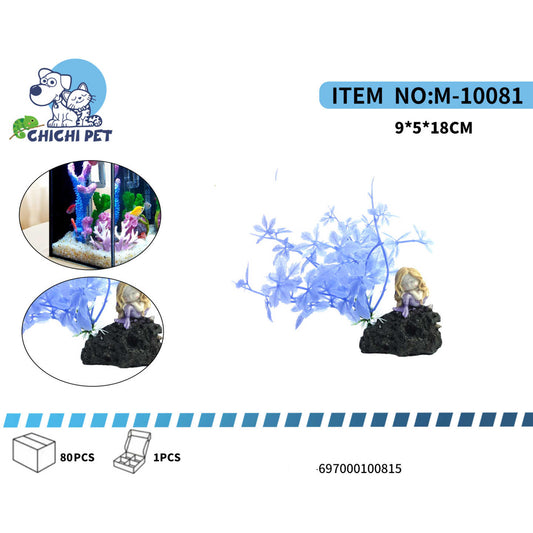 Dale un toque mágico a tu acuario con este hermoso adorno decorativo. Incluye una encantadora sirenita sentada sobre una roca y una vibrante planta artificial de color azul que imita el coral, ideal para crear un ambiente submarino cautivador.