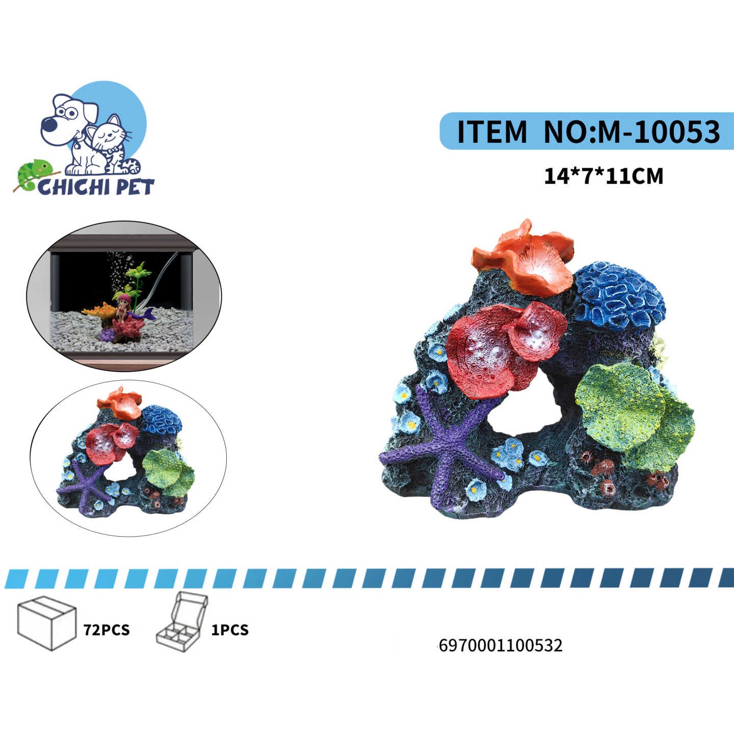 Crea un paisaje submarino espectacular y funcional con el adorno de arco de coral y estrella de mar ChiChi Pet, modelo M-10053. Este impresionante accesorio presenta una estructura rocosa en forma de arco, adornada con una vibrante variedad de corales en tonos rojos, azules y verdes, complementados por una estrella de mar morada.