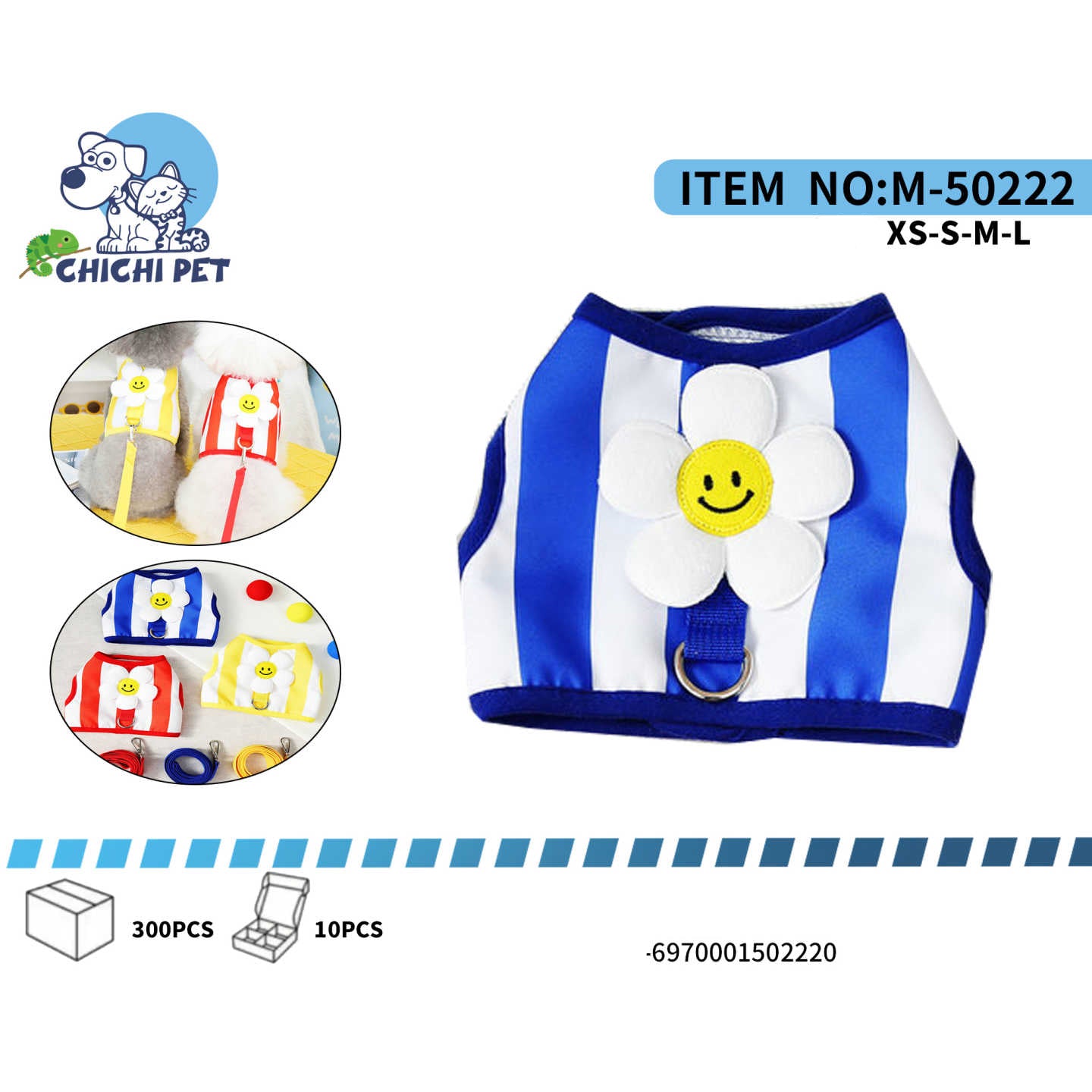 Haz que los paseos de tu mascota sean más alegres y seguros con este encantador arnés chaleco de Chichi Pet. Su diseño vibrante y divertido no solo hará que tu perro luzca adorable, sino que también ofrecerá la comodidad y el control necesarios para cada aventura.