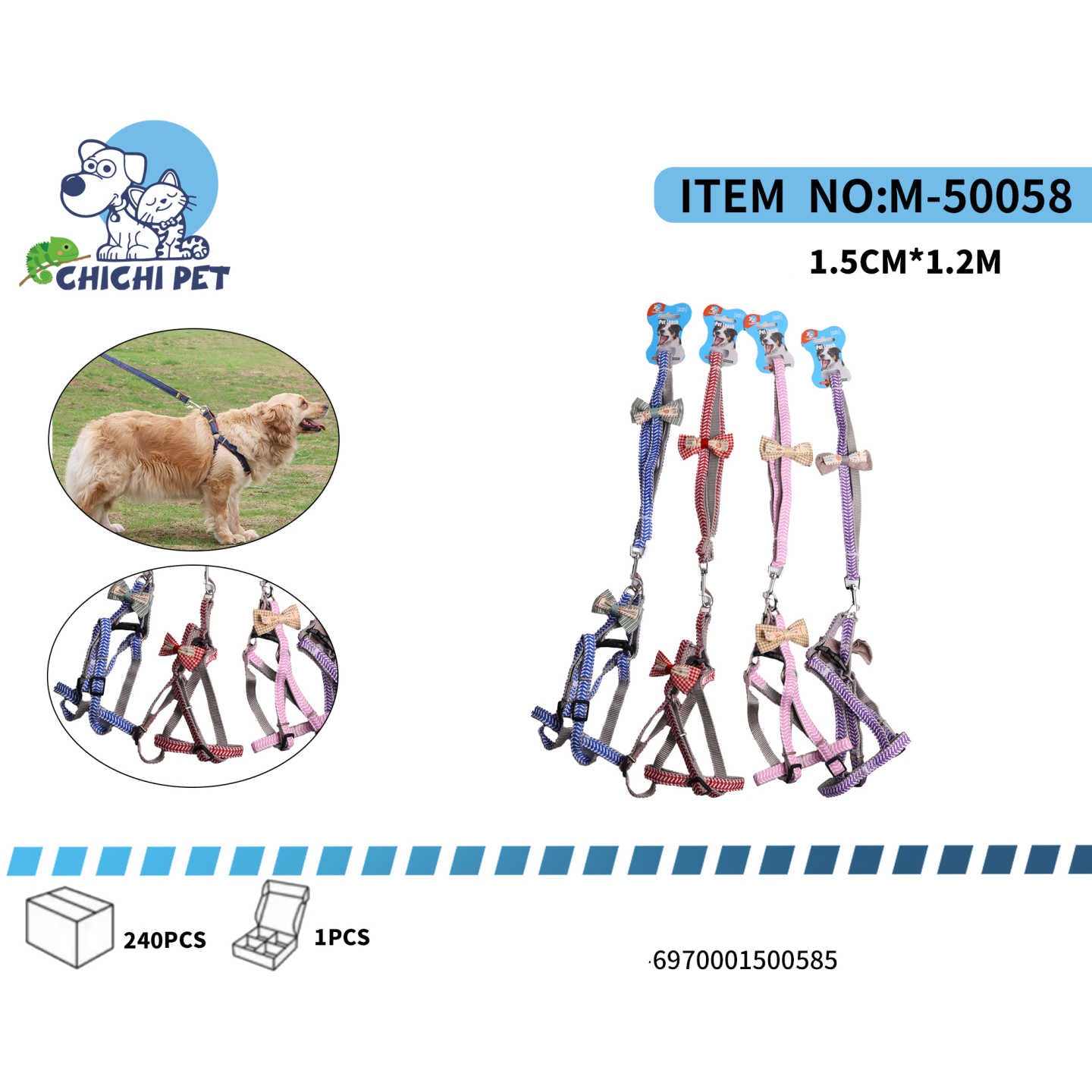 Pasea a tu perro con comodidad y un estilo encantador con el arnés y correa anchos Chichi Pet M-50058. Este conjunto de inspiración coreana presenta un diseño texturizado con un adorable moño, ideal para perros de tamaño mediano que disfrutan de paseos con un toque de moda.