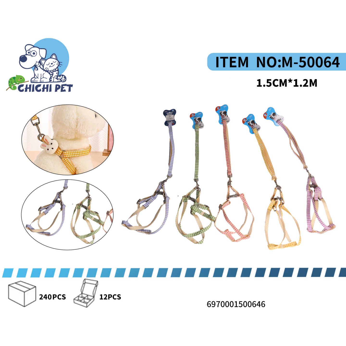 Pasea a tu perro con estilo y seguridad con el arnés y correa anchos de cuadros Chichi Pet M-50064. Este encantador conjunto presenta un diseño de cuadros tradicional y un pequeño colgante, ideal para perros de tamaño mediano que disfrutan de paseos con un toque de elegancia.