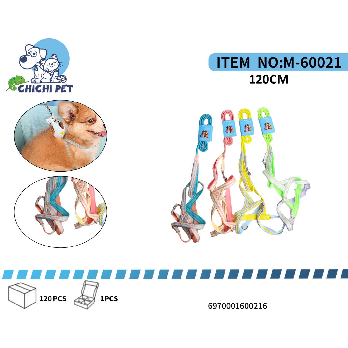 Prepara a tu mascota para sus aventuras al aire libre con este moderno arnes y correa Chichi Pet. Con un atractivo diseño en degradado de colores, este set es perfecto para perros pequeños y gatos que buscan estilo y comodidad en sus paseos.