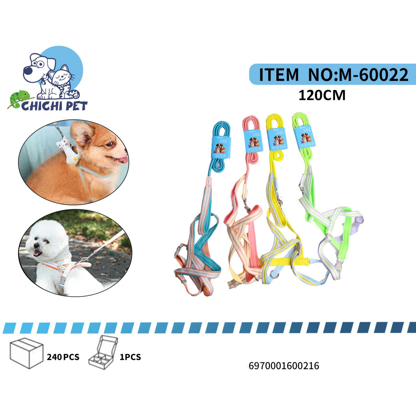 Dale un toque de alegria a los paseos de tu mascota con este vibrante arnes y correa Chichi Pet. Ideal para perros de razas pequeñas y gatos, este set presenta un diseño multicolor llamativo y divertido que hara que tu compañero peludo destaque.