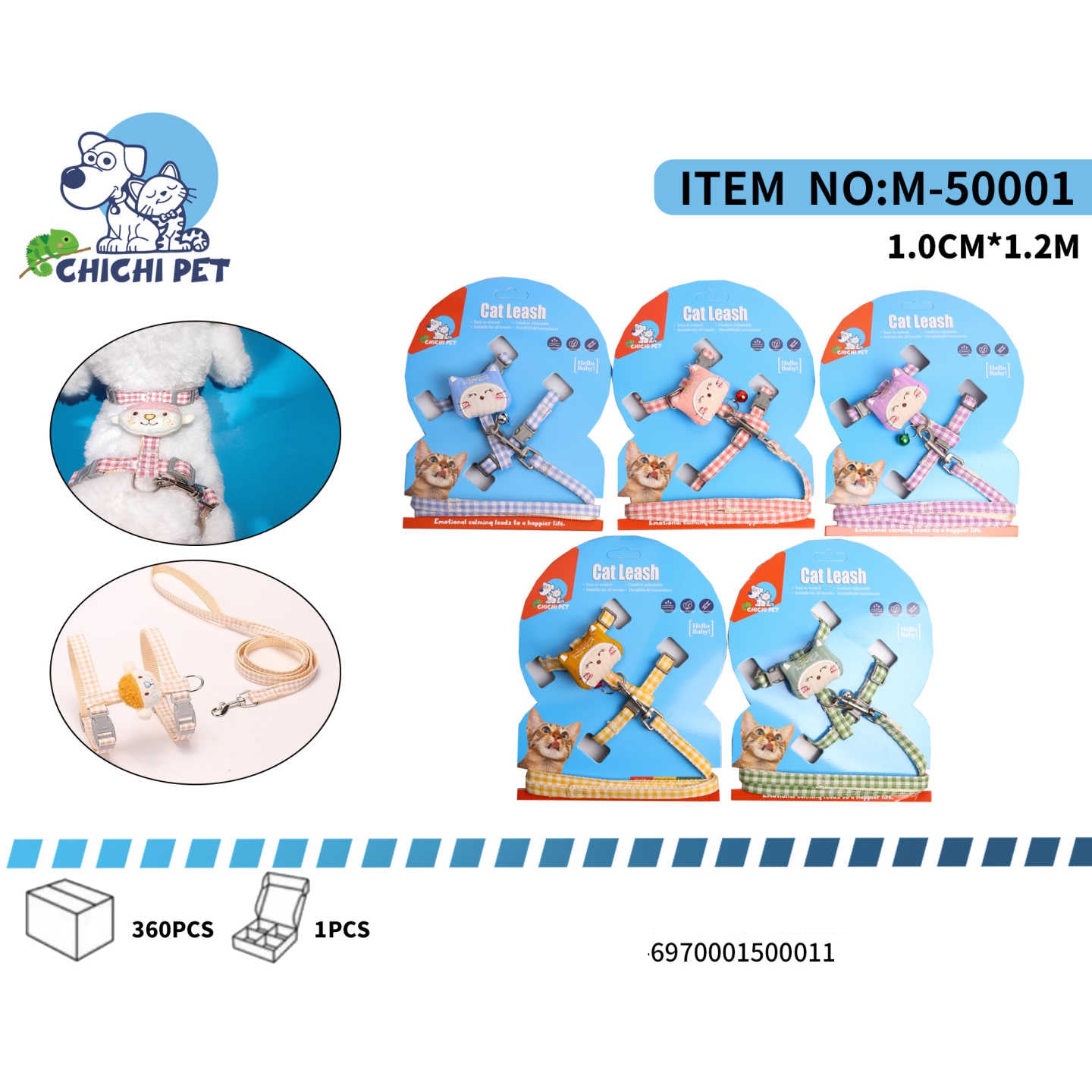 Pasea a tu gato con estilo y seguridad con el arnés y correa Chichi Pet M-50001. Este encantador conjunto presenta un diseño de cuadros y un pequeño adorno en forma de cara de gato, combinando funcionalidad y un toque adorable para las salidas de tu felino.