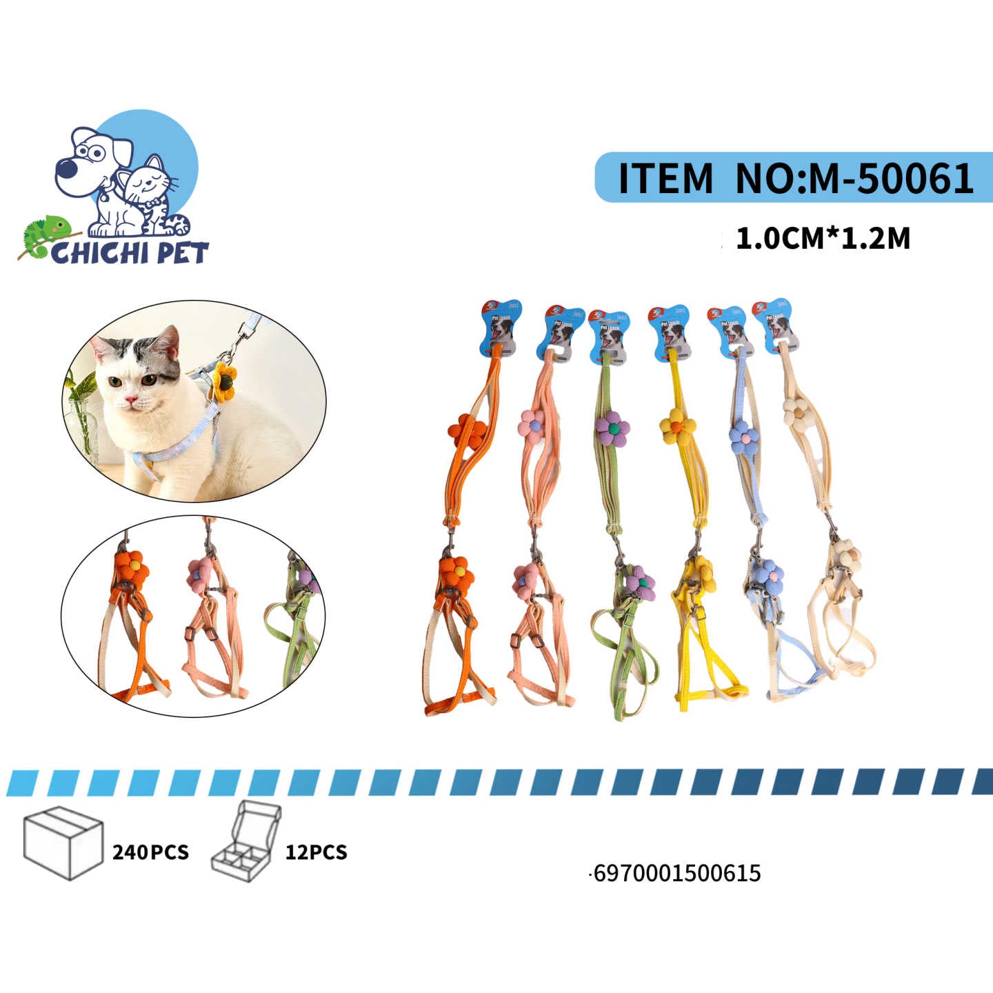 Pasea a tu gato con un toque de encanto natural y seguridad con el arnés y correa Chichi Pet M-50061. Este adorable conjunto presenta un diseño con pequeñas flores decorativas, perfecto para que tu felino luzca delicado y a la moda durante sus aventuras al aire libre.