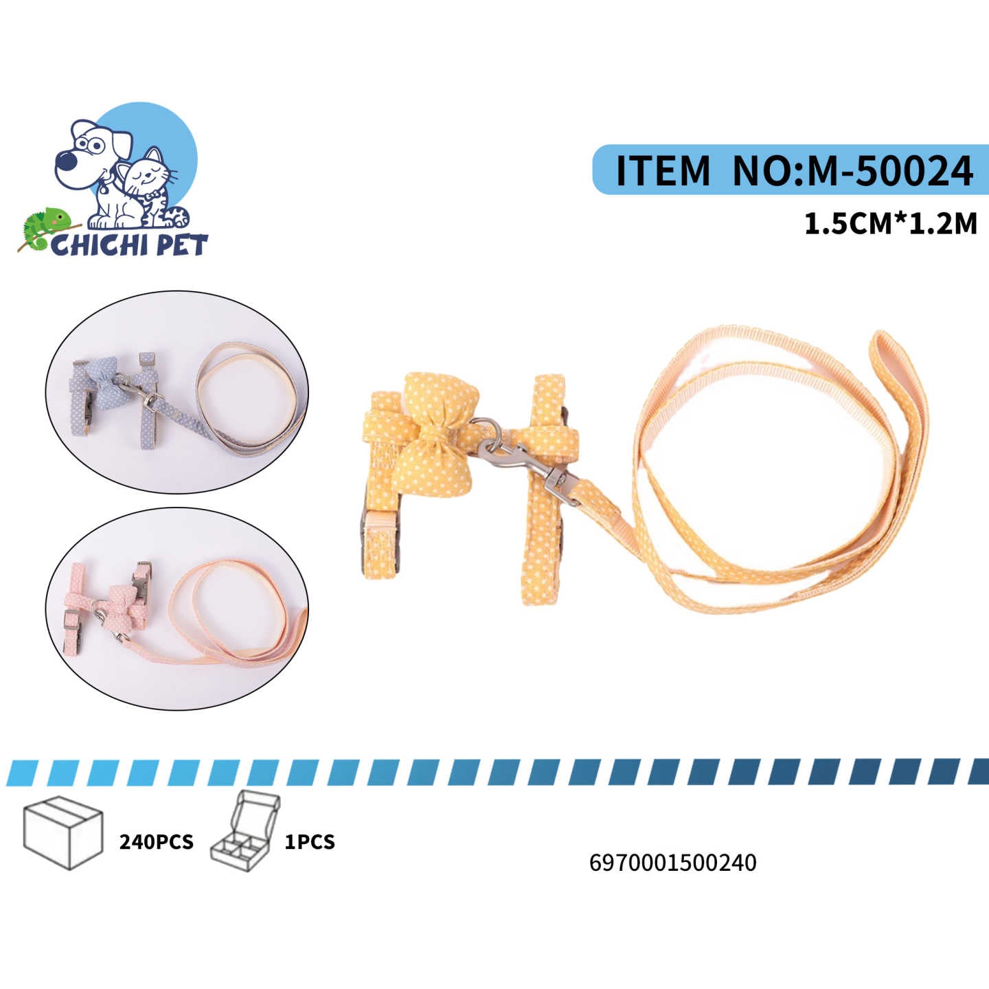 Pasea a tu mascota con un toque de elegancia y seguridad con el arnés y correa Chichi Pet M-50024. Este encantador conjunto presenta un diseño de puntos con un adorable moño en el arnés, perfecto para que tu gato o perro pequeño luzca sofisticado en sus paseos.