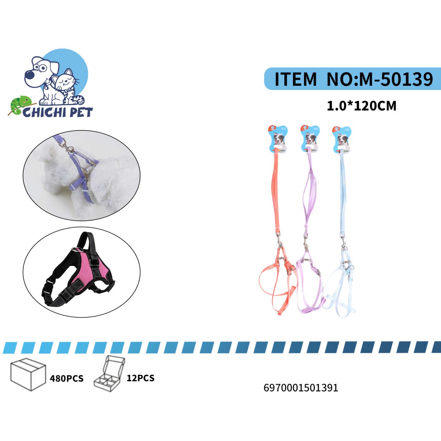 Pasea a tu perro pequeño con comodidad y seguridad usando el arnés y correa de nylon Chichi Pet M-50139. Este conjunto, de diseño sencillo y práctico, es ideal para el uso diario, ofreciendo un control seguro durante los paseos.