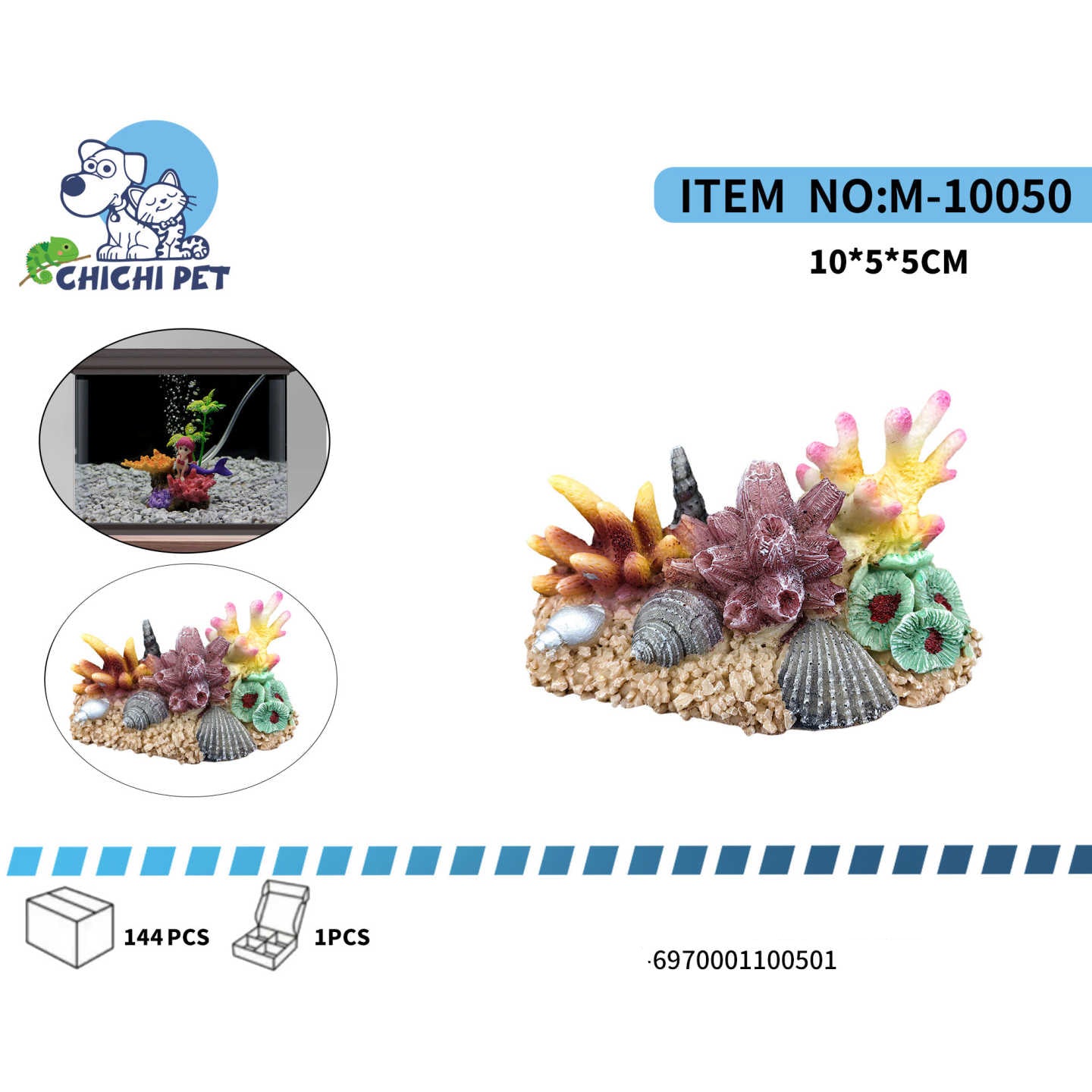 Dale vida a tu acuario con el colorido arrecife de coral variado con conchas ChiChi Pet, modelo M-10050. Este adorno presenta una exuberante combinación de corales artificiales en tonos rosados, amarillos, verdes y morados, junto a detalles de conchas marinas sobre una base de arena simulada, creando un vibrante ecosistema submarino.
Fabricado con resina de alta calidad y no tóxica, este accesorio es completamente seguro para todos los habitantes de tu acuario y no afectará la calidad del agua. Su diseño de