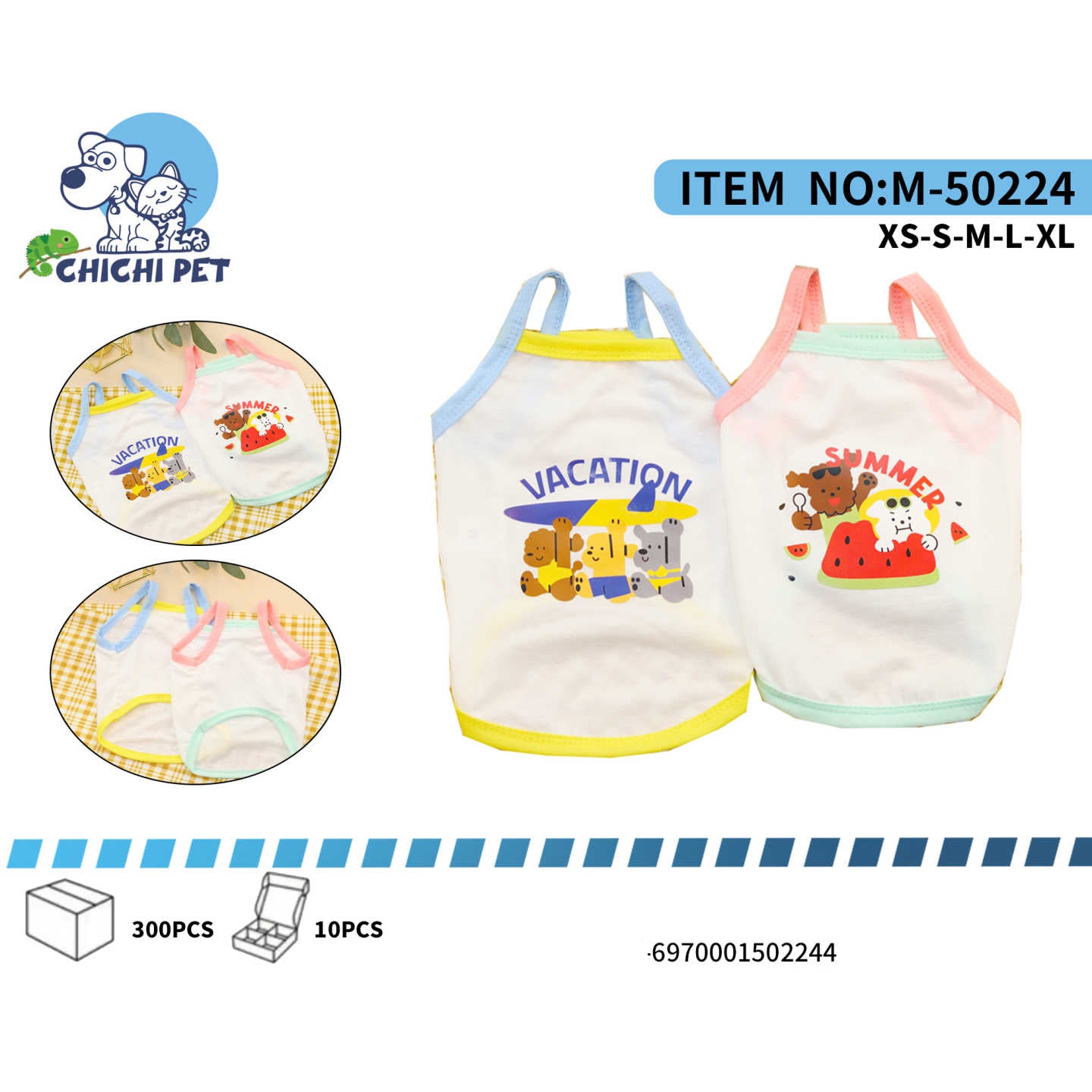 Prepara a tu mascota para el verano con estas adorables blusas de tirantes de Chichi Pet, diseñadas con estampados divertidos y coloridos. Perfectas para mantener a tu compañero peludo fresco y a la moda durante los días soleados, paseos en la playa o simplemente para un look casual y alegre.